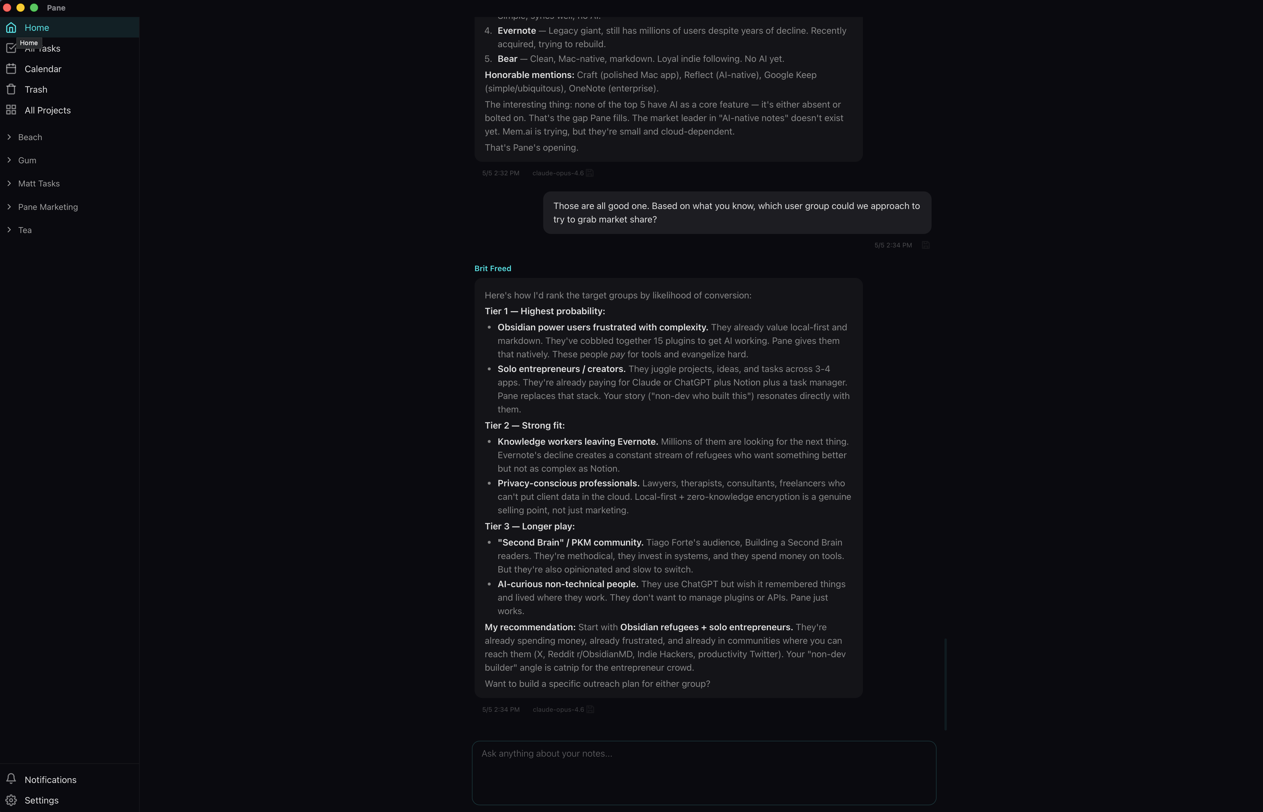 Pane home view with sidebar, note editor, and AI rail
