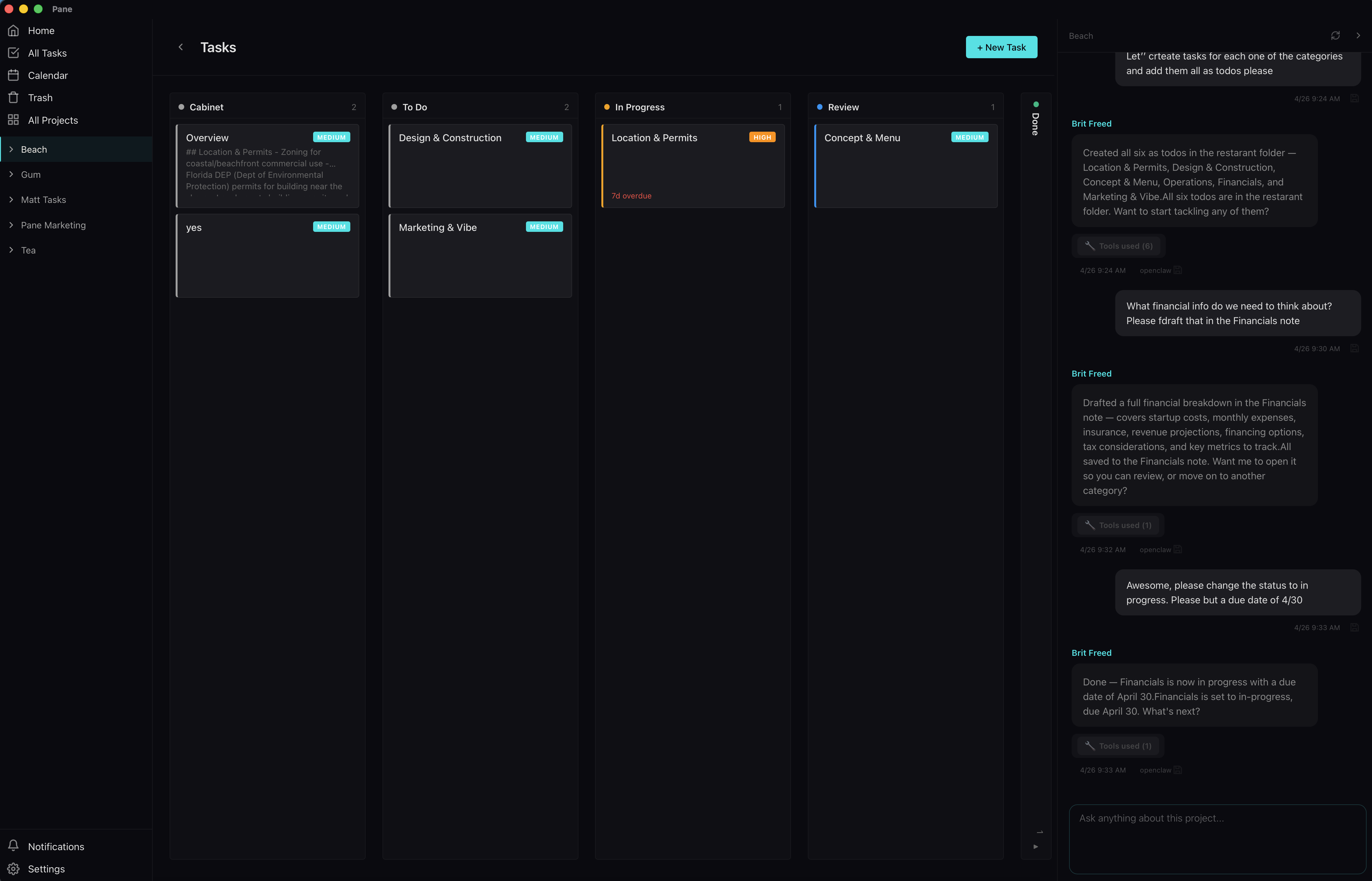 Pane kanban project view with AI rail open