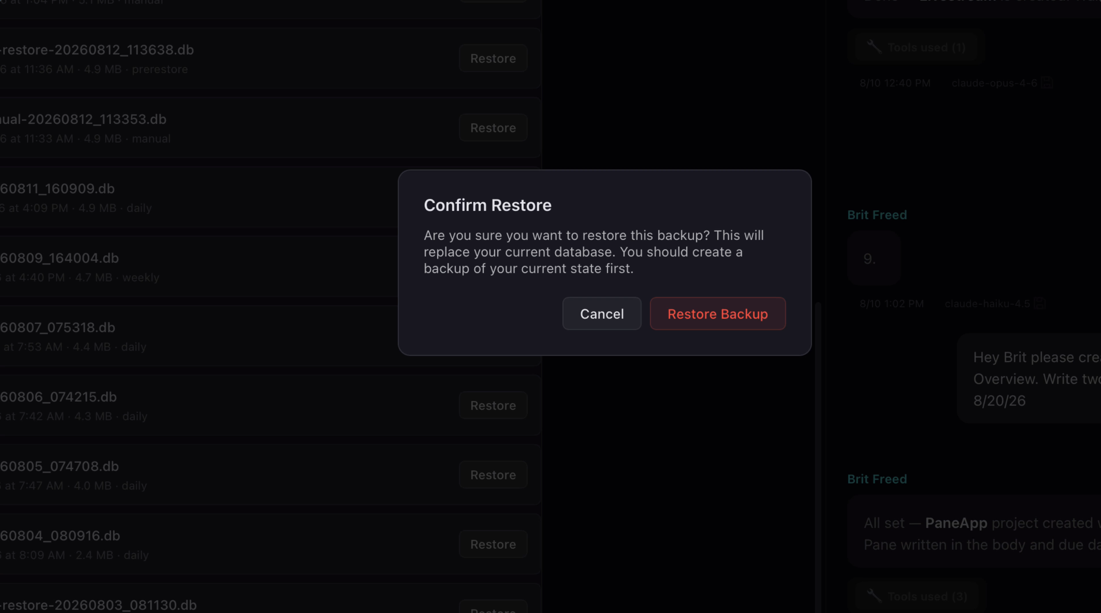 Confirm Restore dialog asking for confirmation before replacing the database