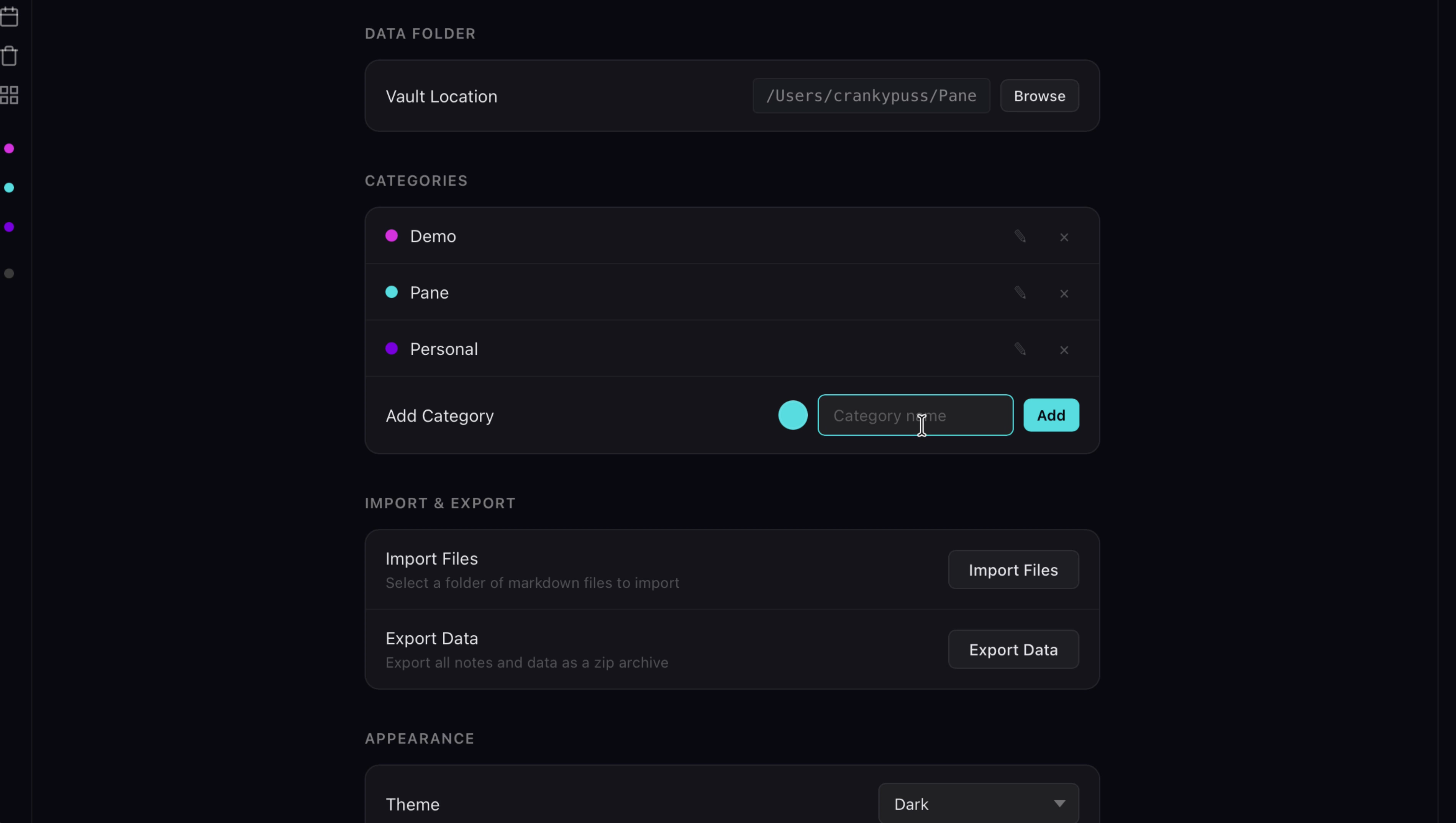Categories section in Pane settings with Add Category input