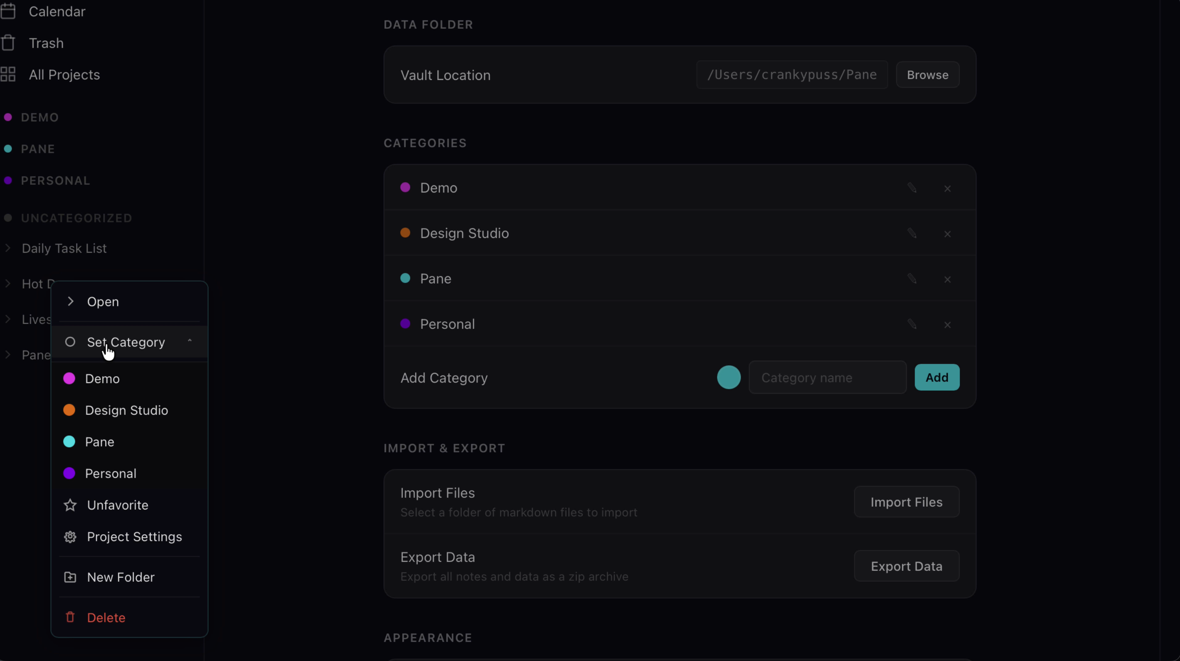 Right-click context menu showing Set Category with available categories