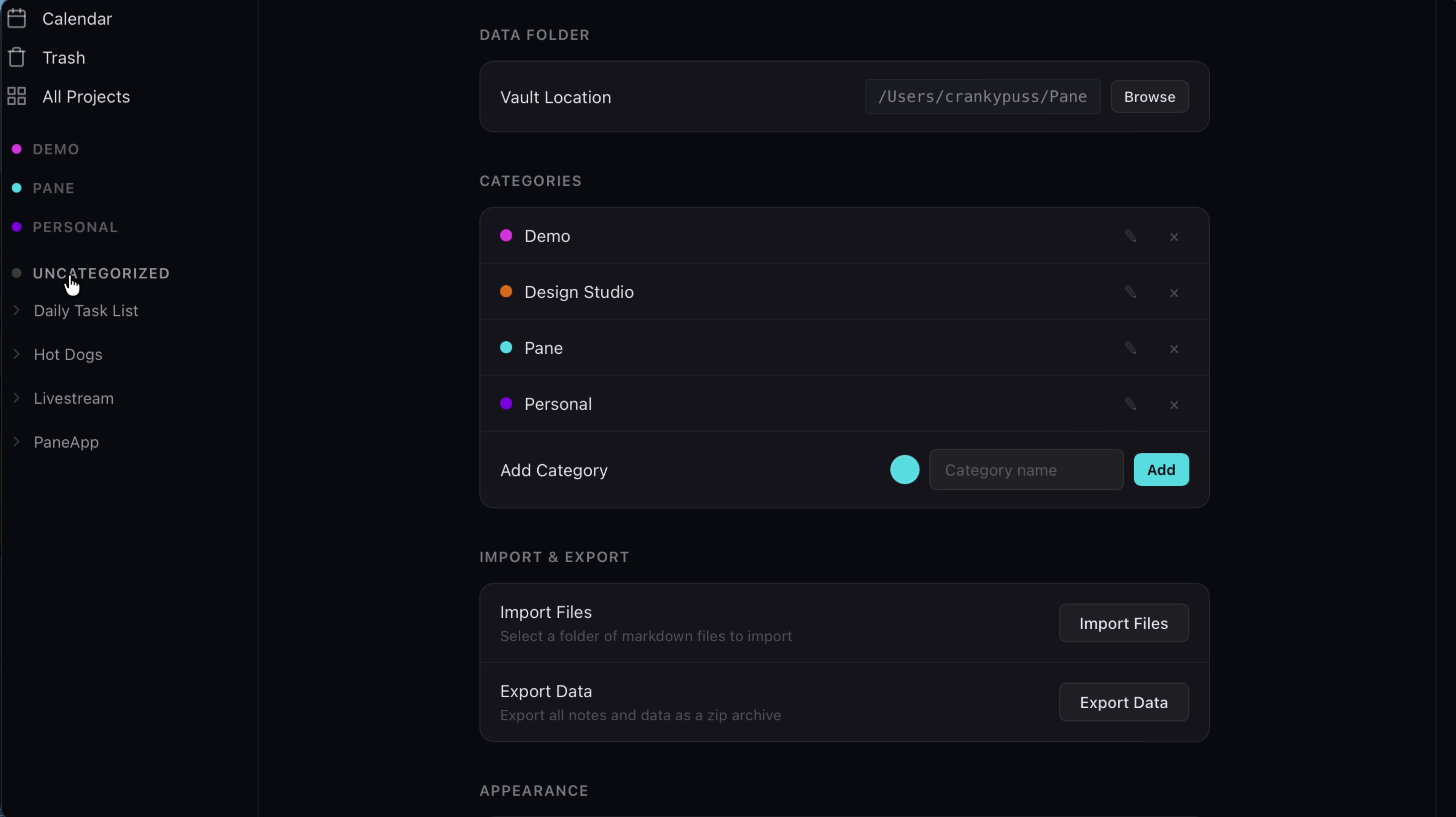Sidebar showing an Uncategorized group with unassigned projects