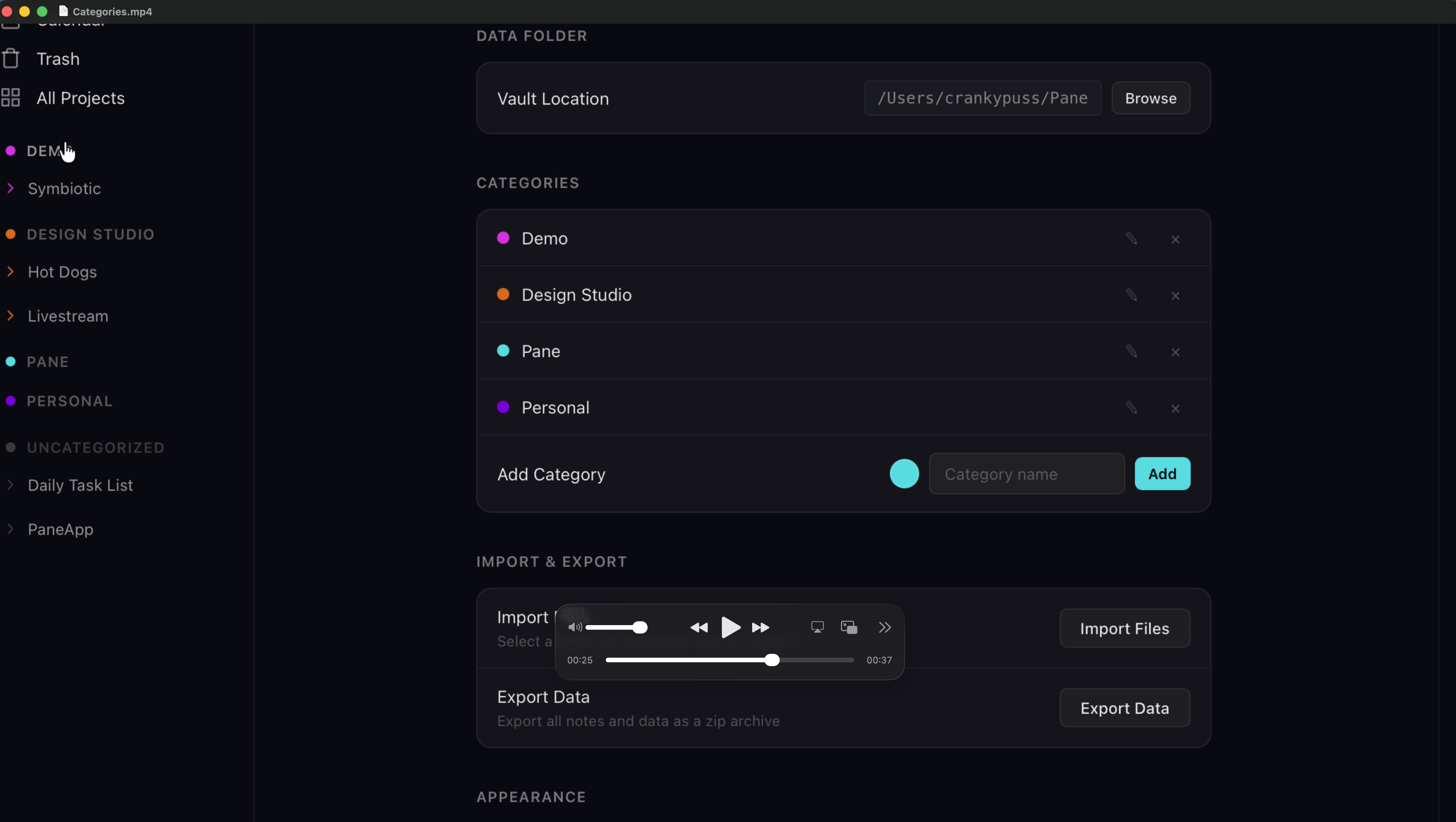 Sidebar organized into Demo, Design Studio, Pane, Personal, and Uncategorized groups