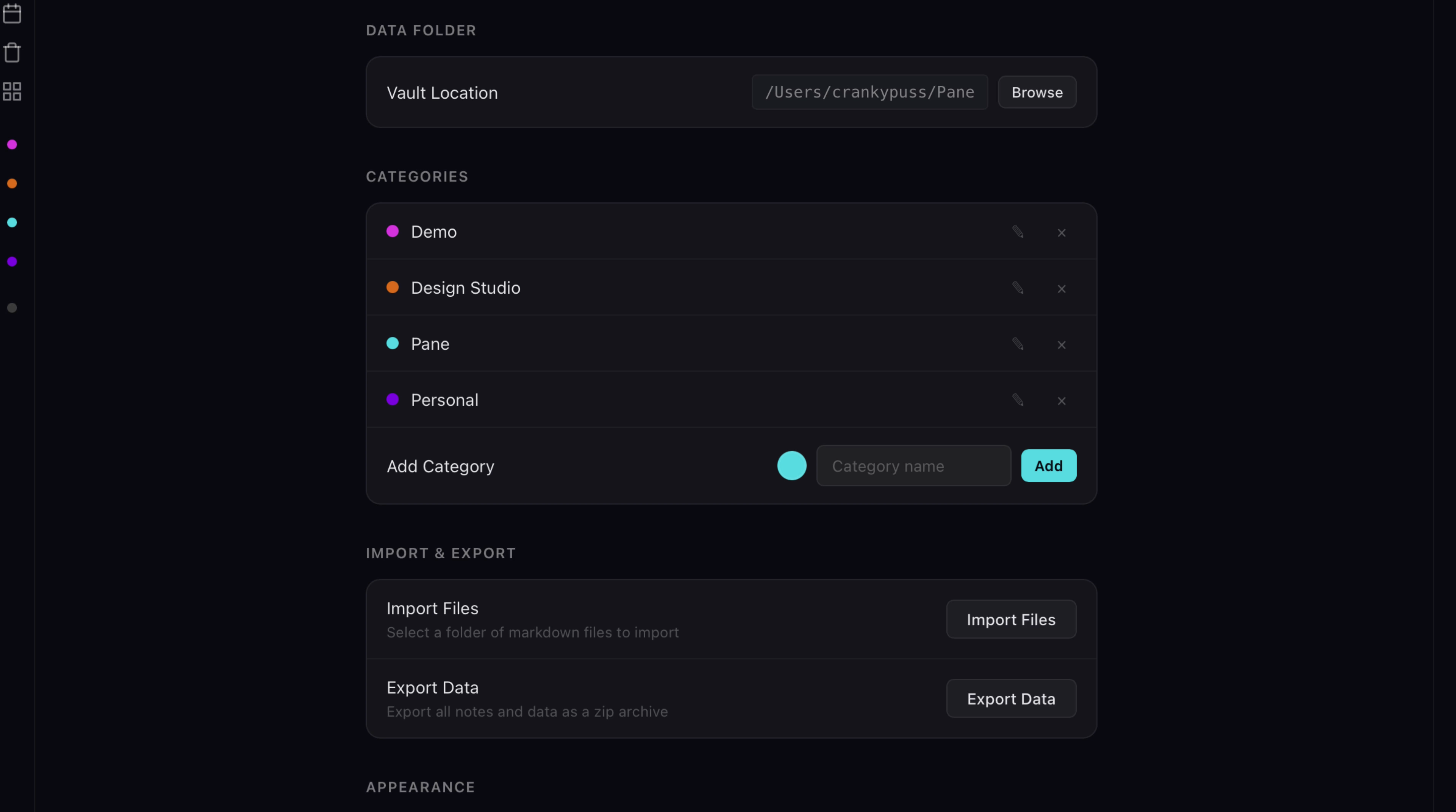 Categories collapsed in the sidebar showing only group headers