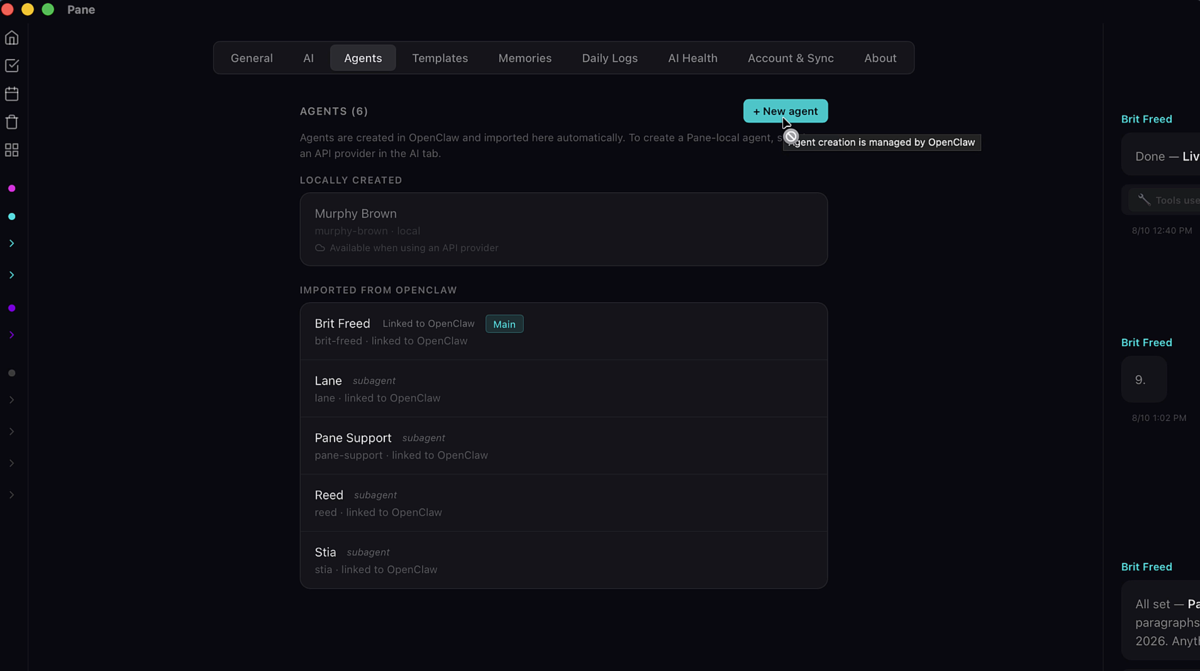 Agents settings screen with New Agent button