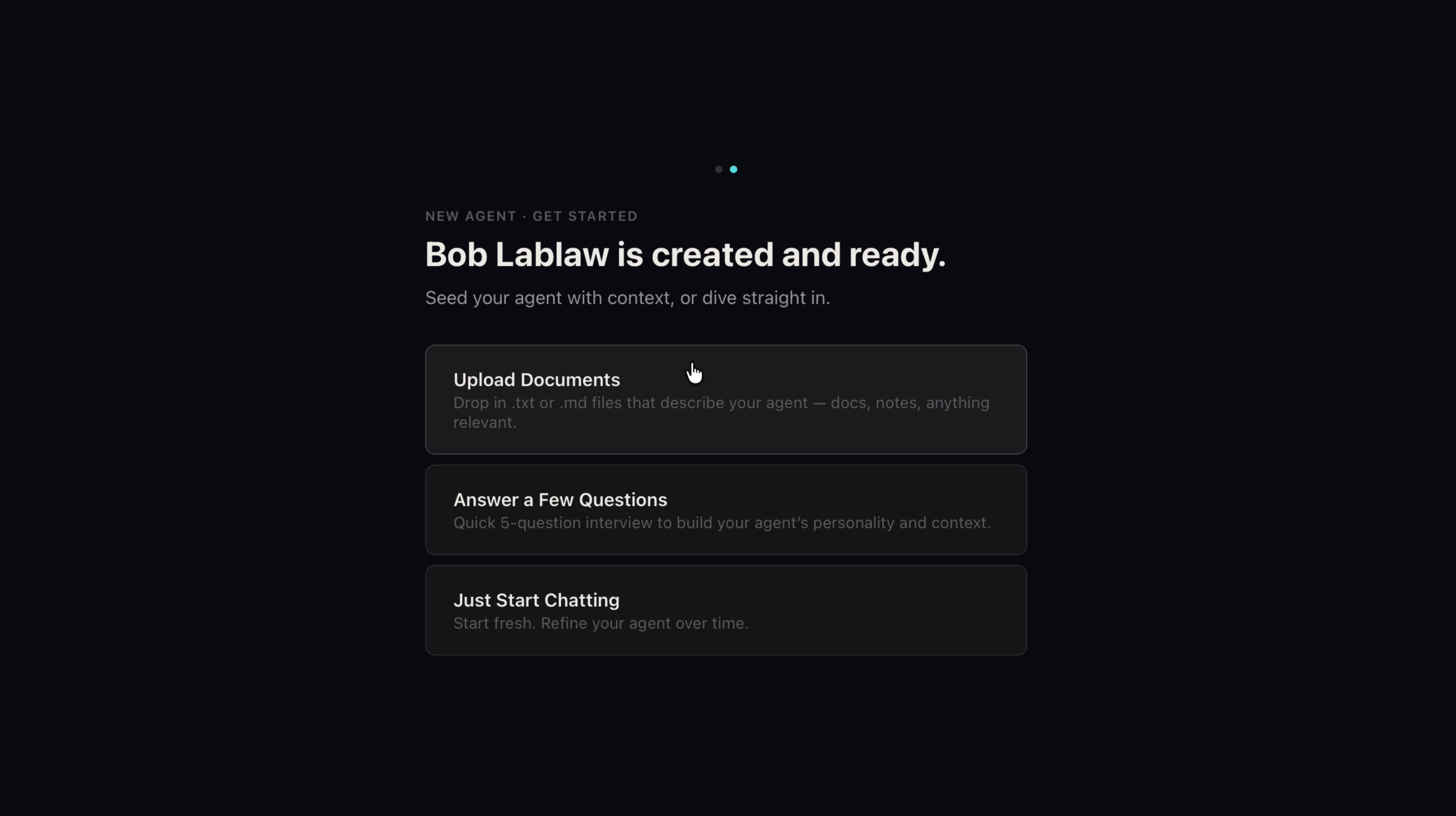 Seed options screen with upload, questions, and chat choices