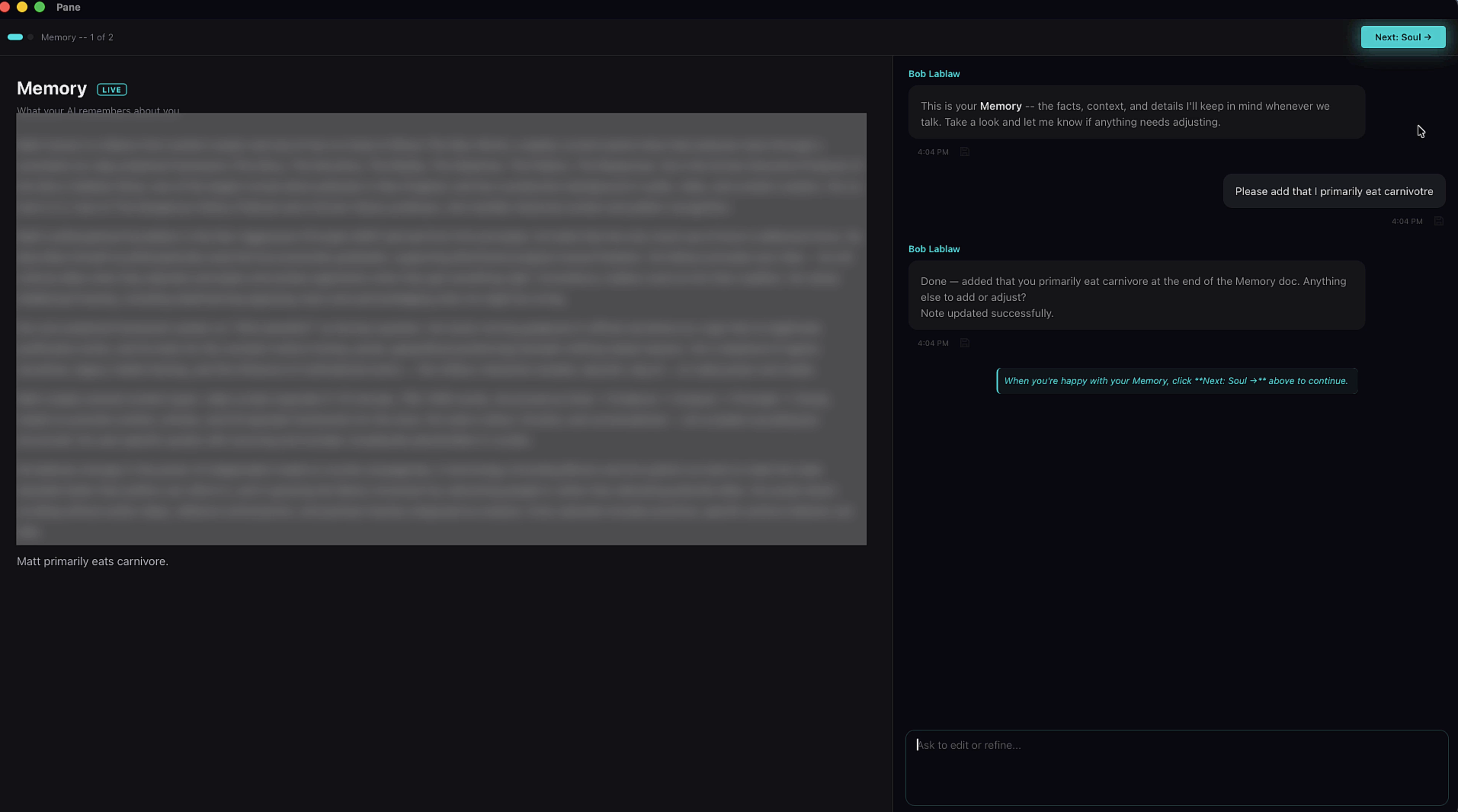Memory document review with chat