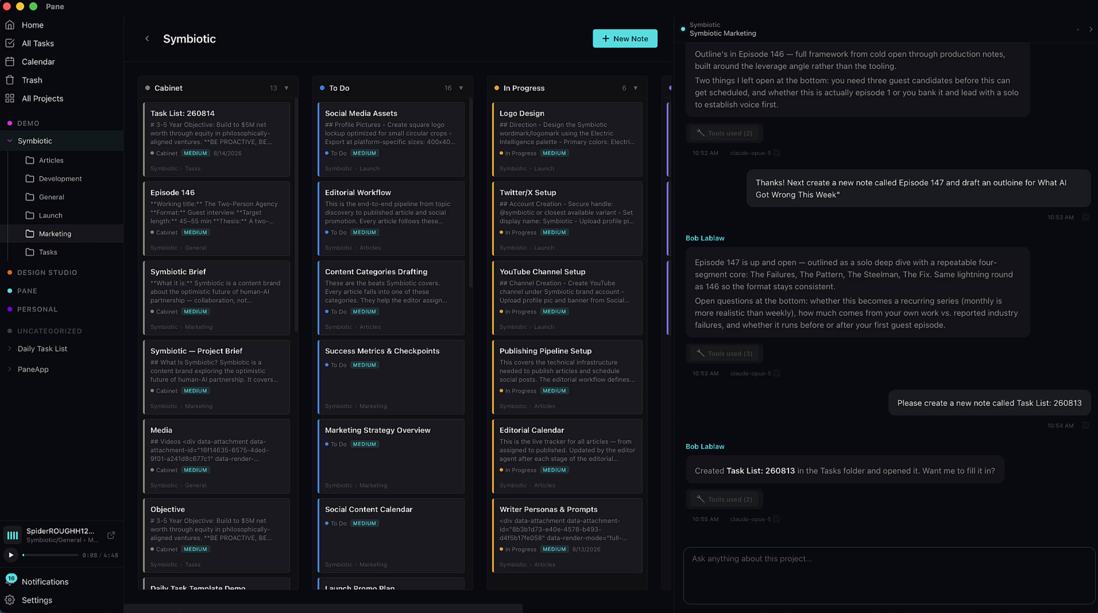 The full project Kanban board showing Cabinet, To Do, and In Progress columns with many cards