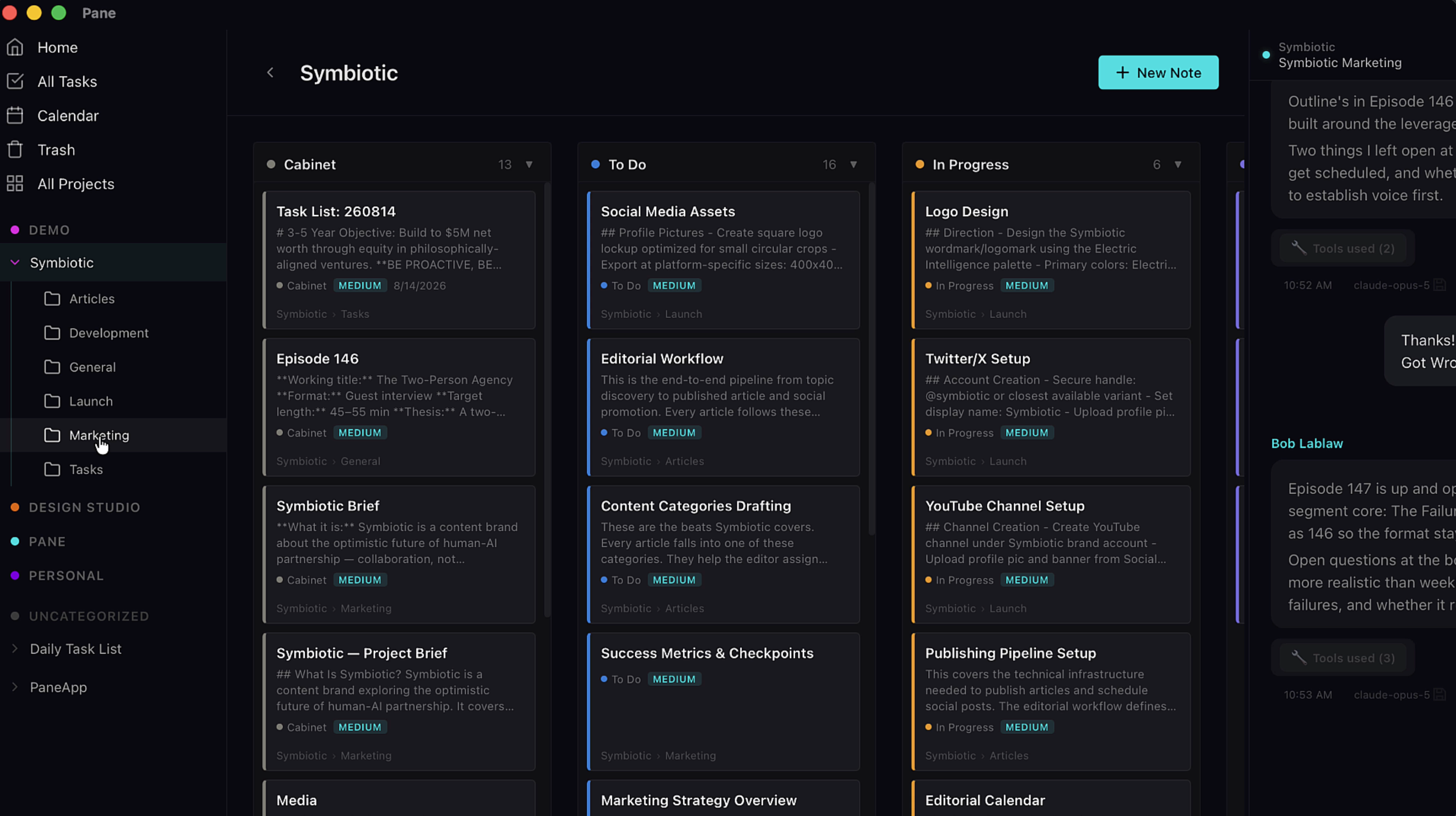 The sidebar showing project folders: Articles, Development, General, Launch, Marketing, and Tasks