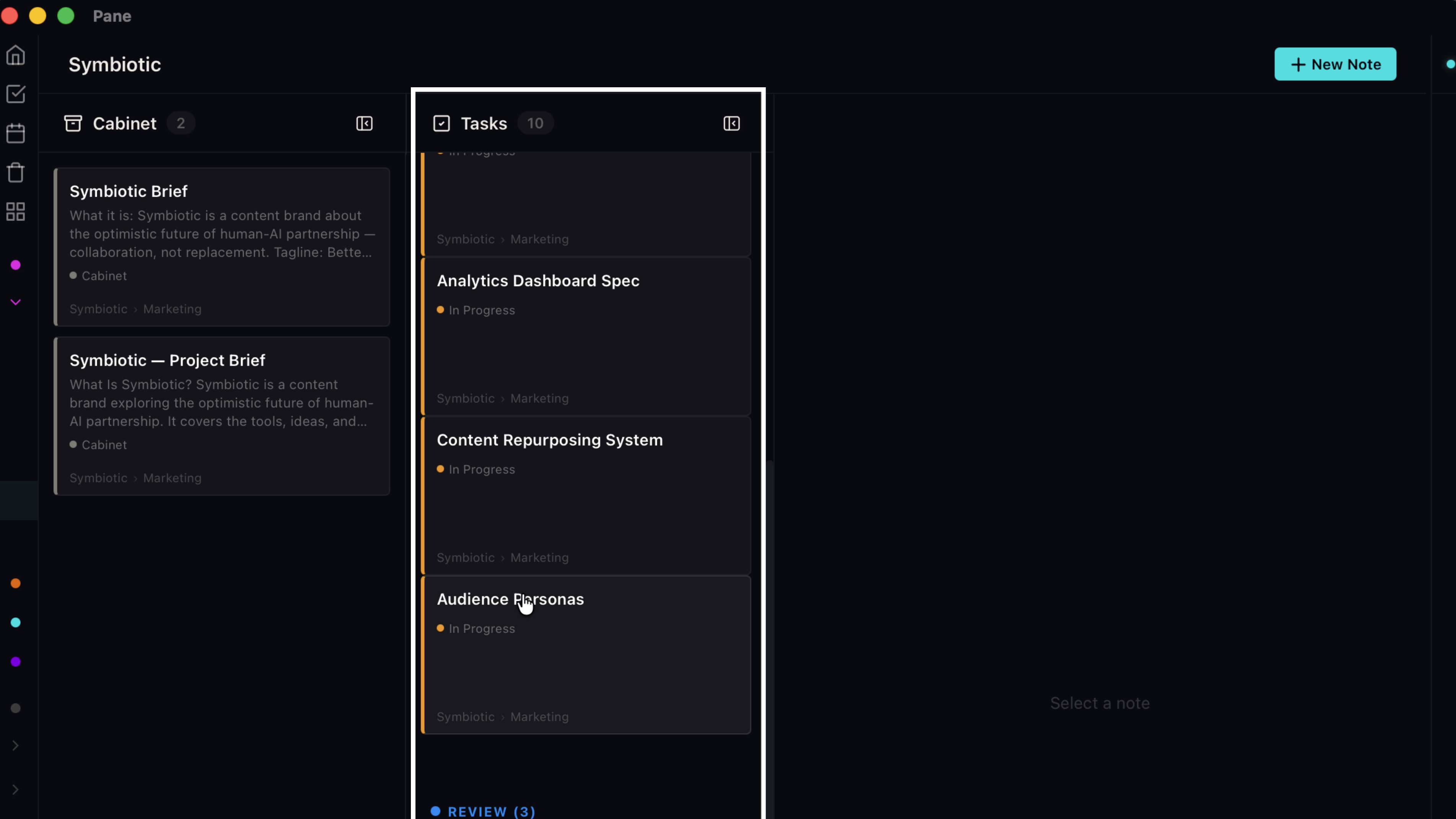 The Tasks column showing cards grouped by status: In Progress and Review
