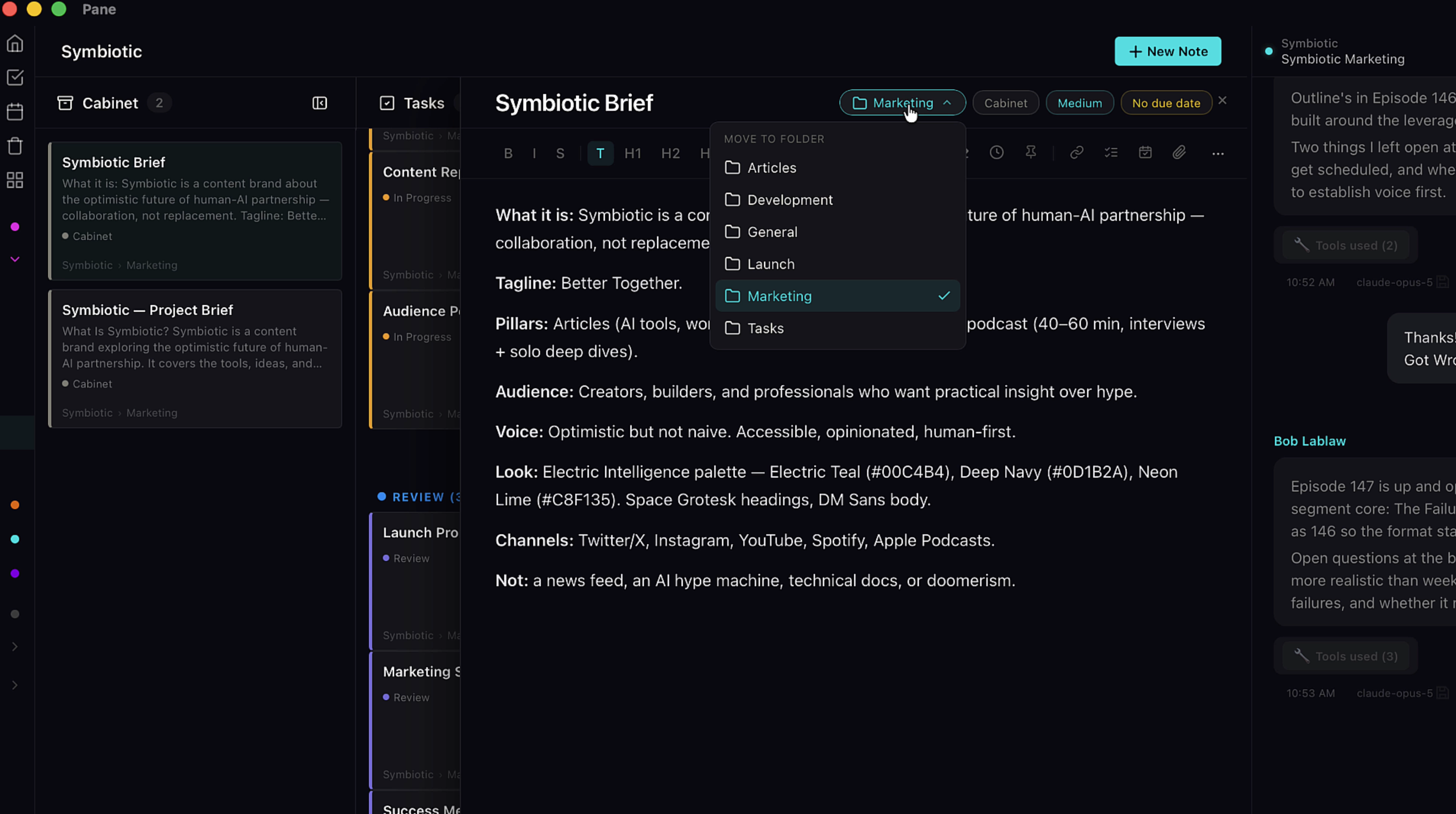 The folder picker dropdown at the top of a note showing Articles, Development, General, Launch, Marketing, and Tasks