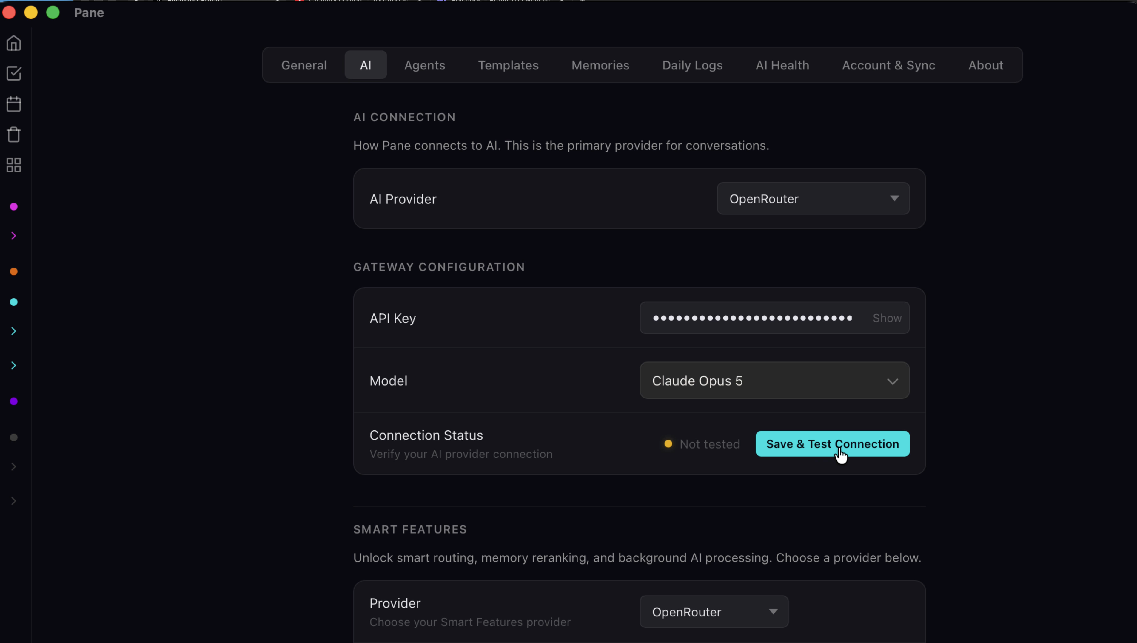 Settings AI tab showing OpenRouter provider, API key field, Claude Opus 5 model, and Save & Test Connection button