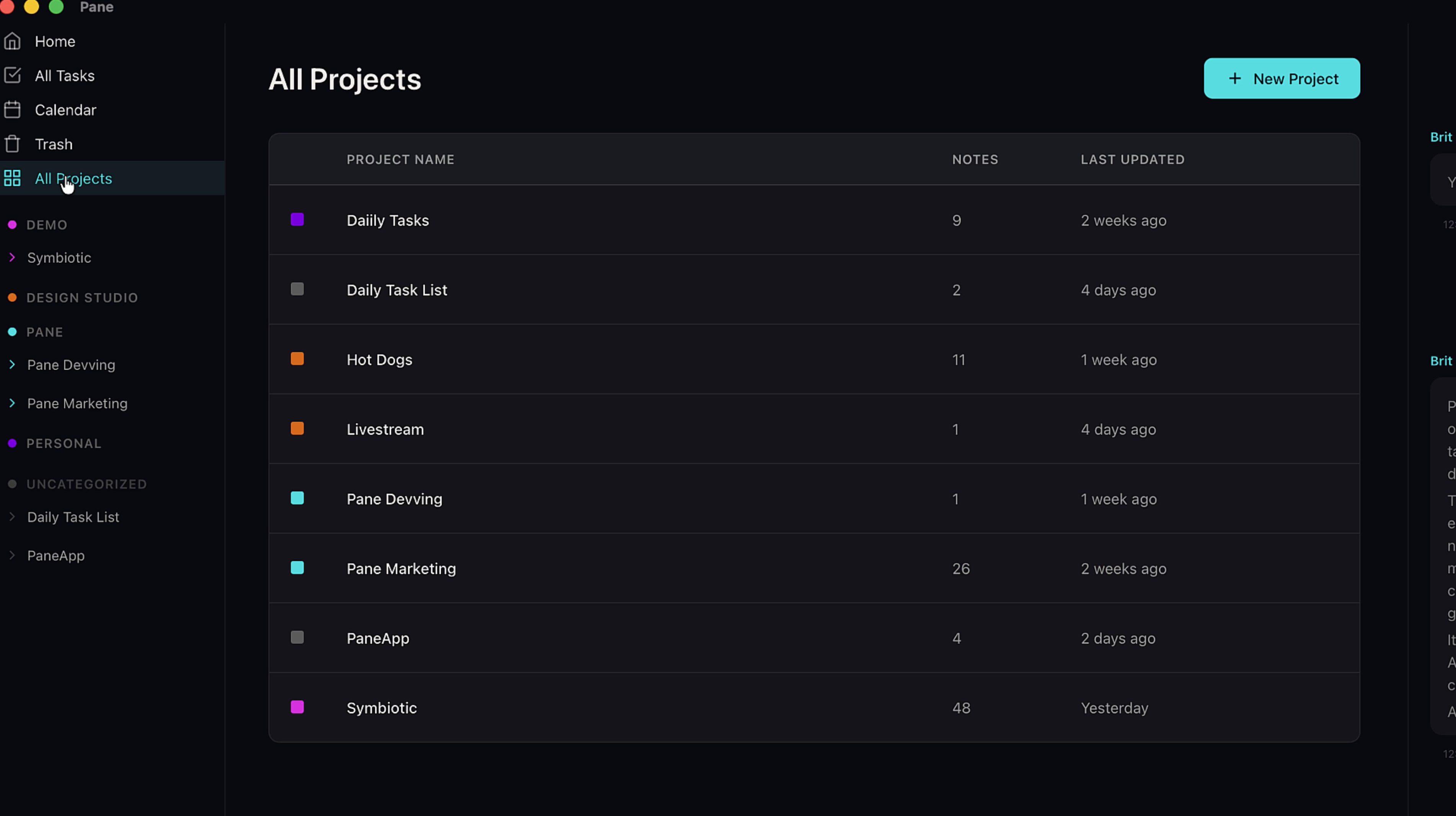 All Projects view showing existing projects with the + New Project button in the top right