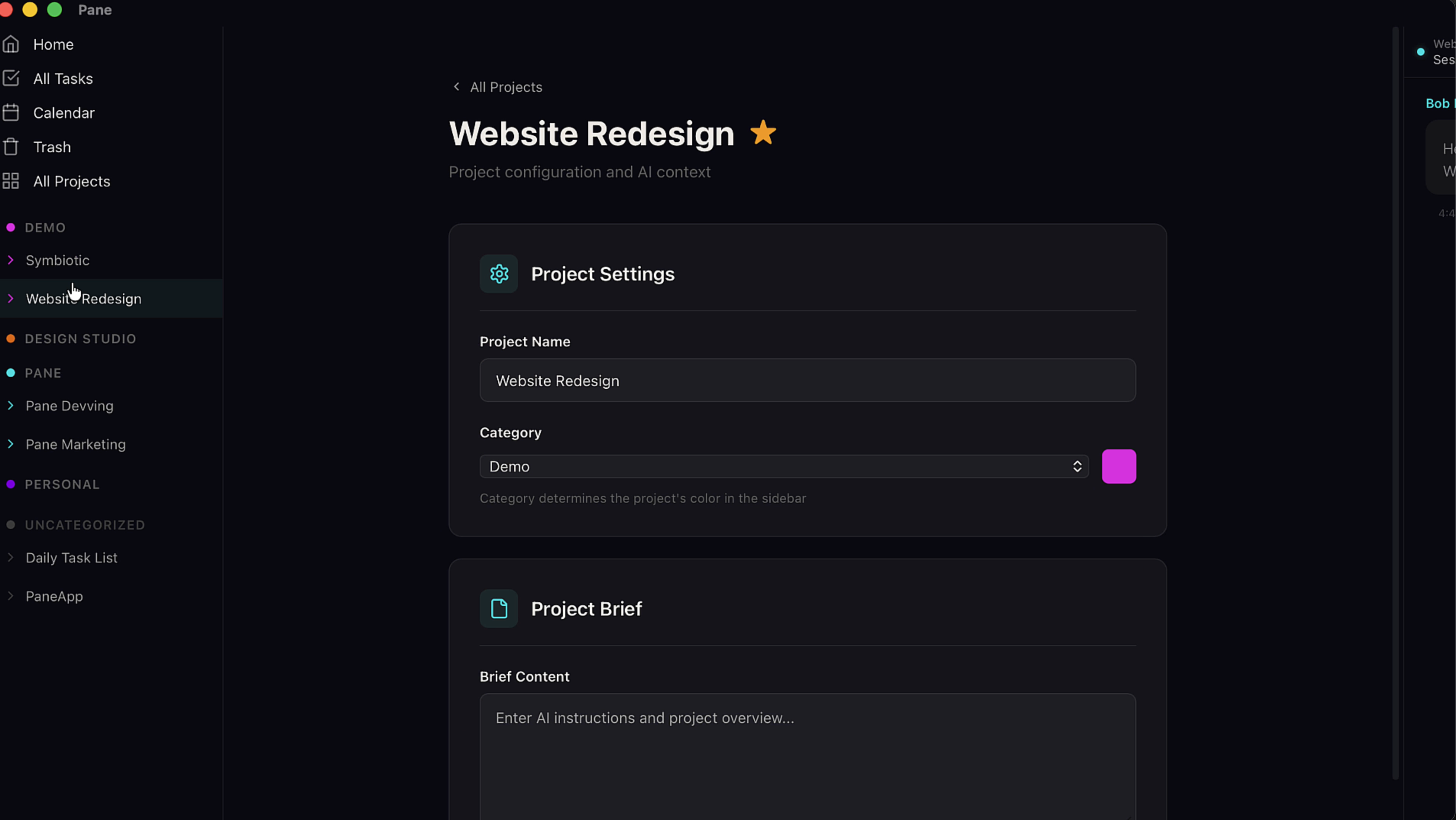 Website Redesign project settings showing project name, Demo category, and empty Project Brief