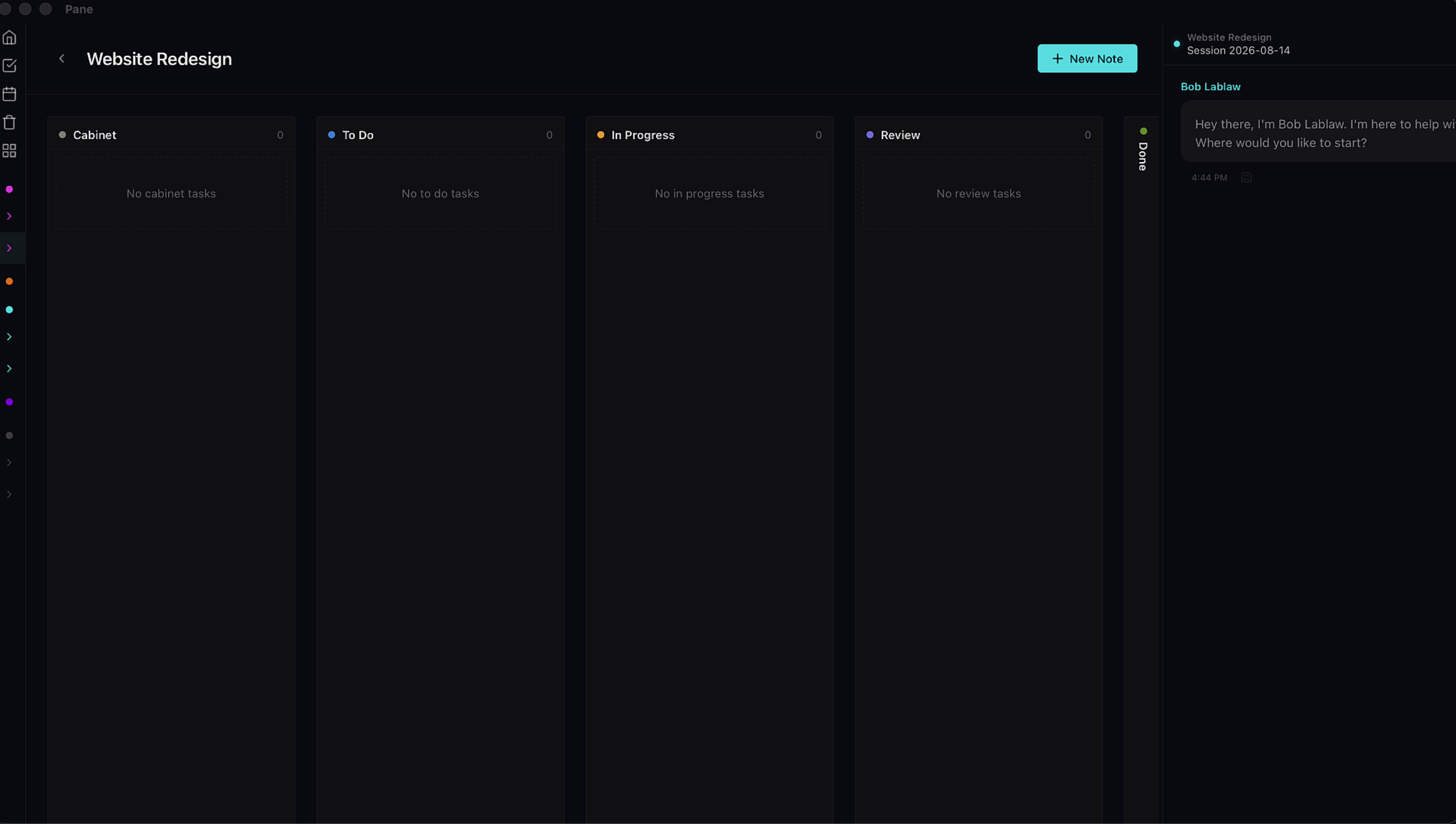 Empty Website Redesign kanban board with Cabinet, To Do, In Progress, Review, and Done columns