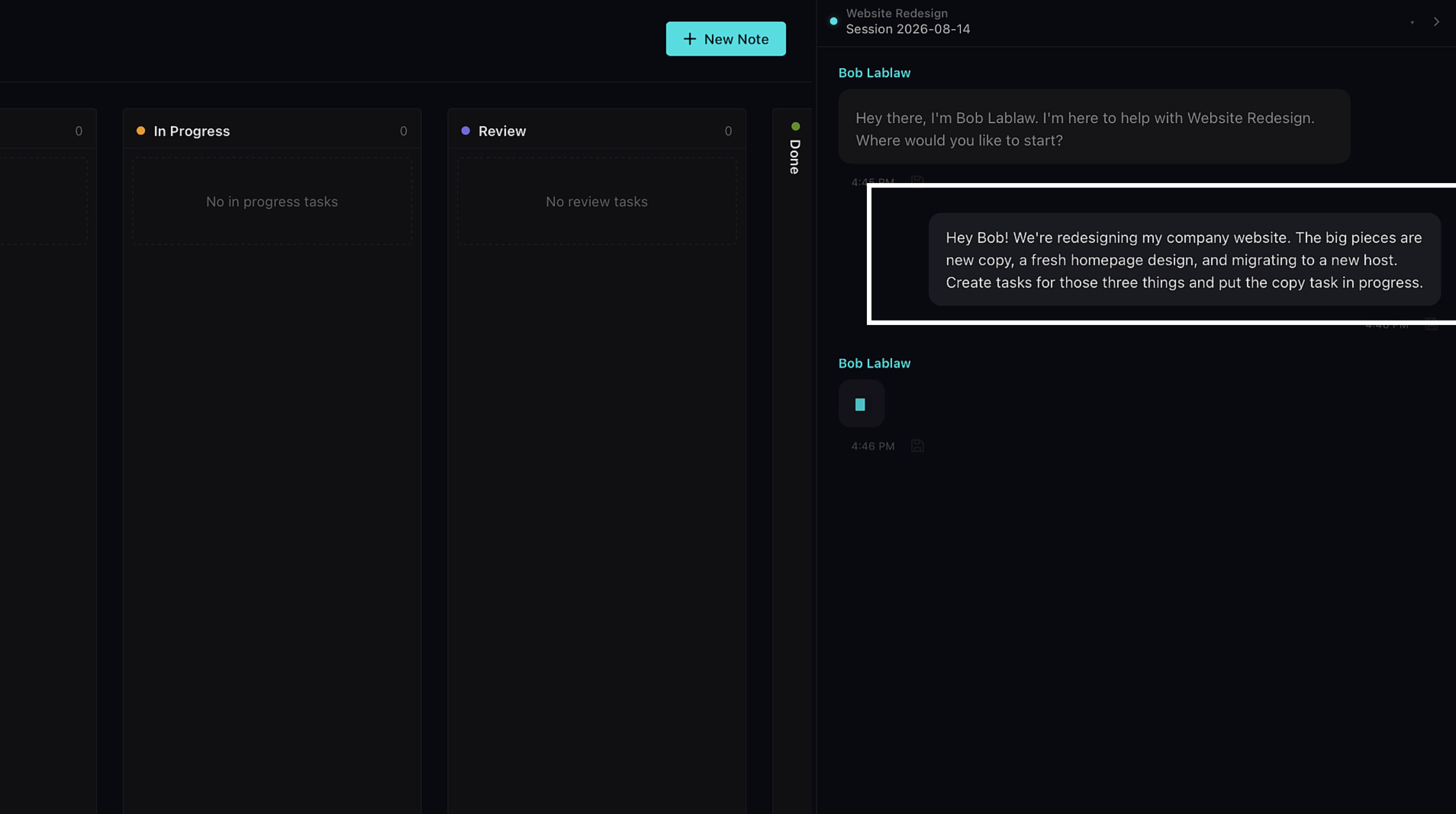 Chat panel showing a message to the AI: We're redesigning my company website with new copy, homepage design, and migrating to a new host