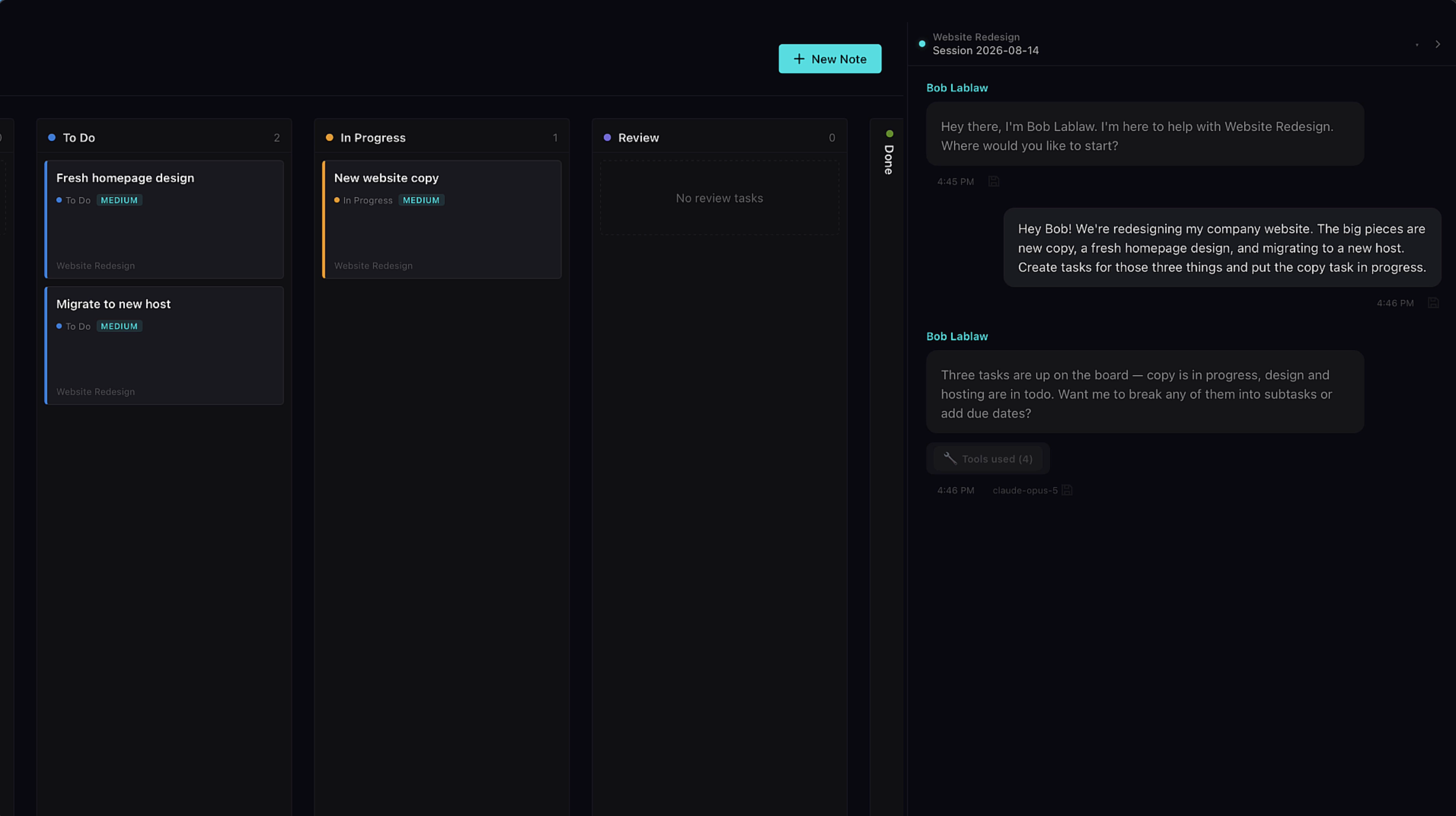Kanban board with three tasks created by the AI: Fresh homepage design and Migrate to new host in To Do, New website copy in In Progress