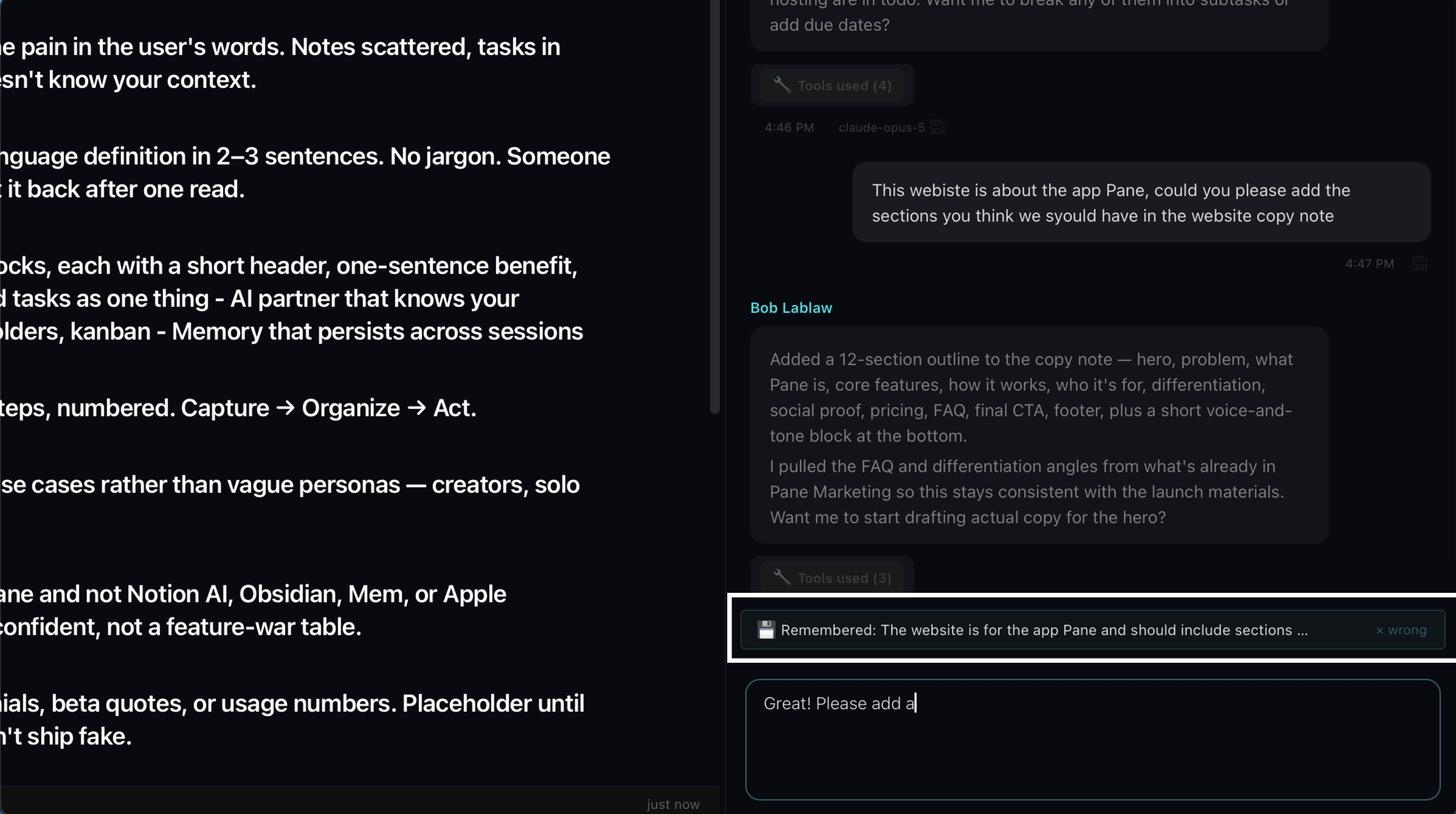 Chat showing the AI adding a 12-section outline to the website copy note, with a memory extraction notification at the bottom