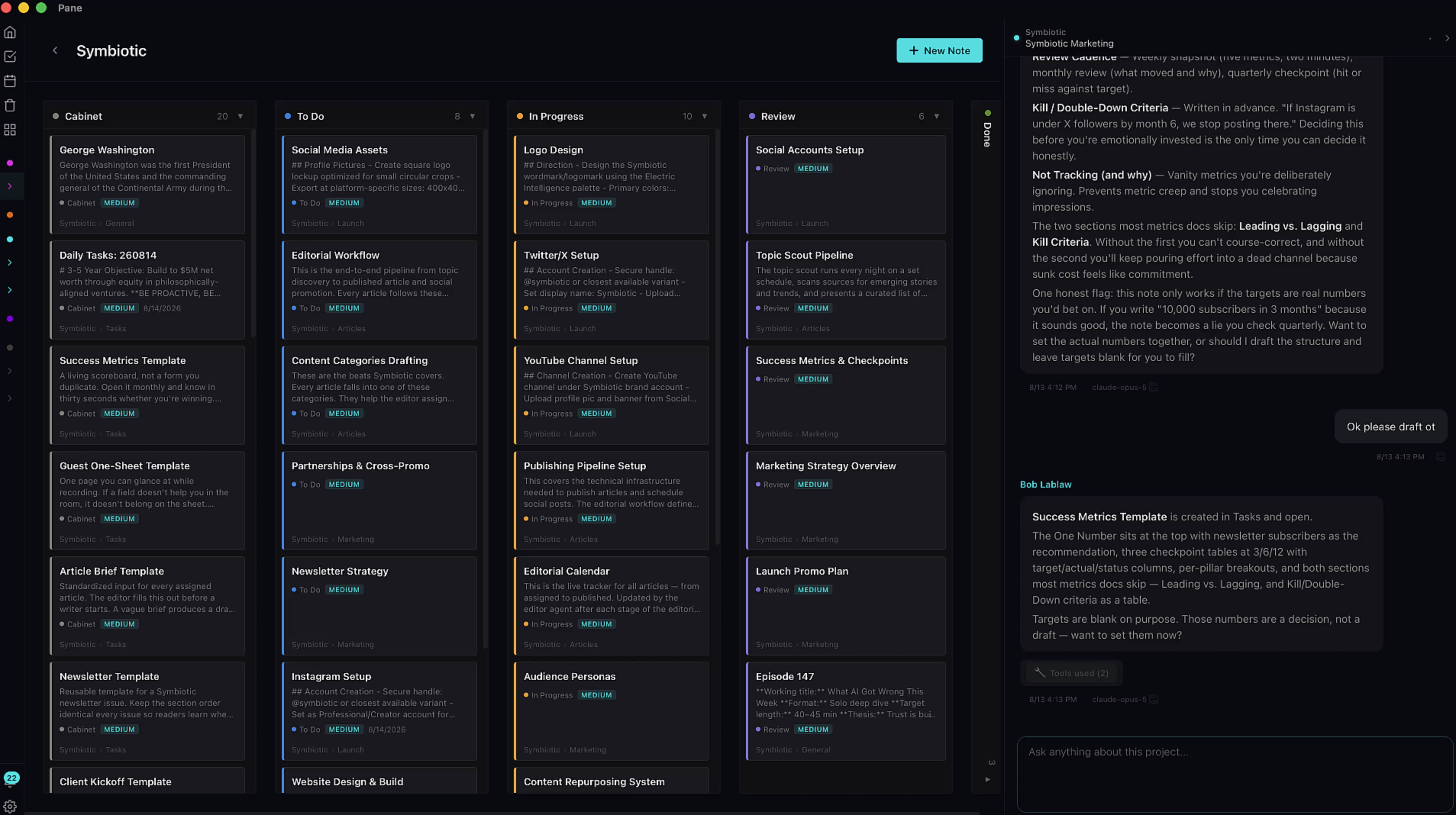 Full Symbiotic project board showing a mature project with dozens of tasks across Cabinet, To Do, In Progress, Review, and Done columns
