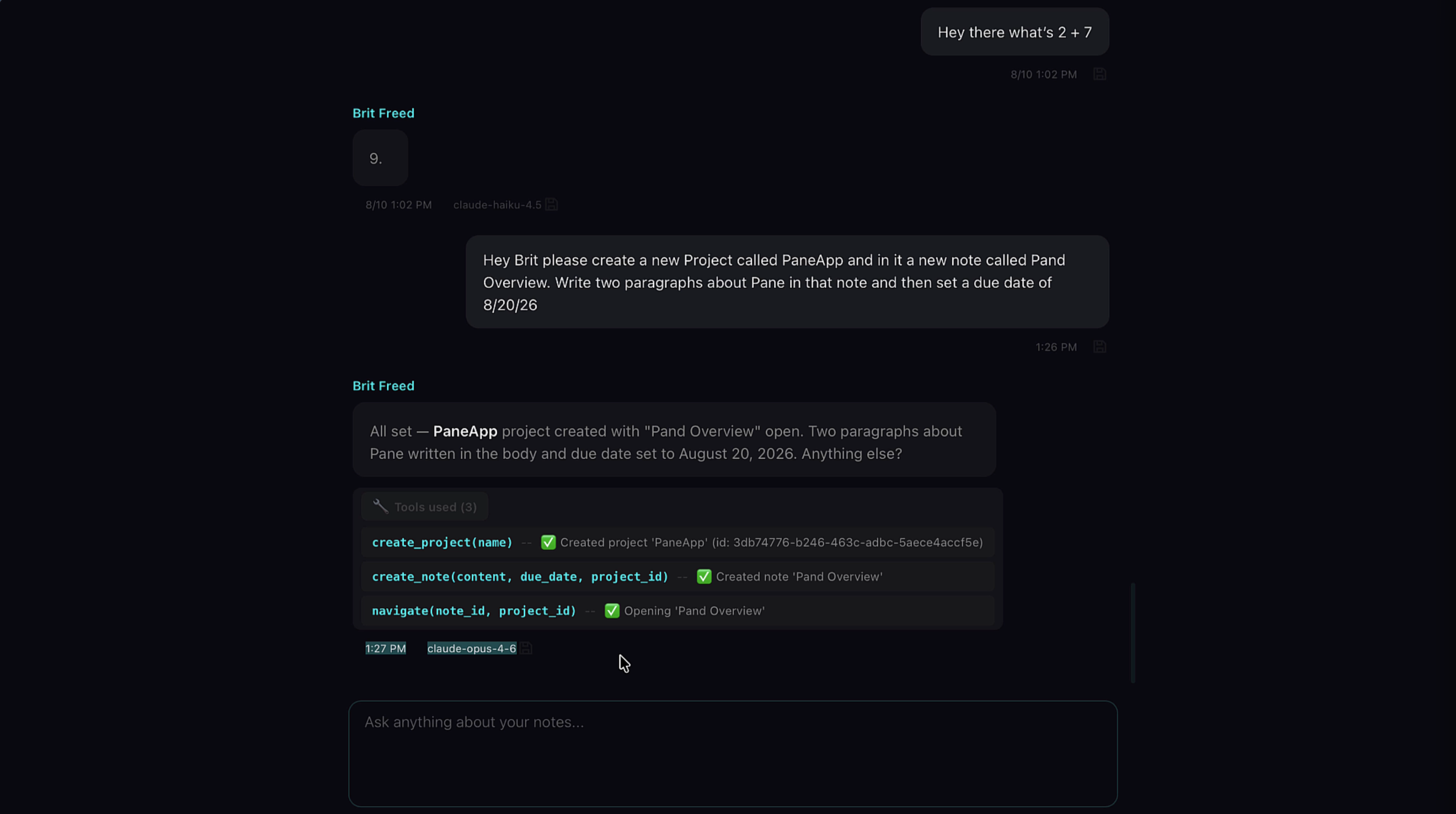 Model name displayed below AI messages showing smart routing