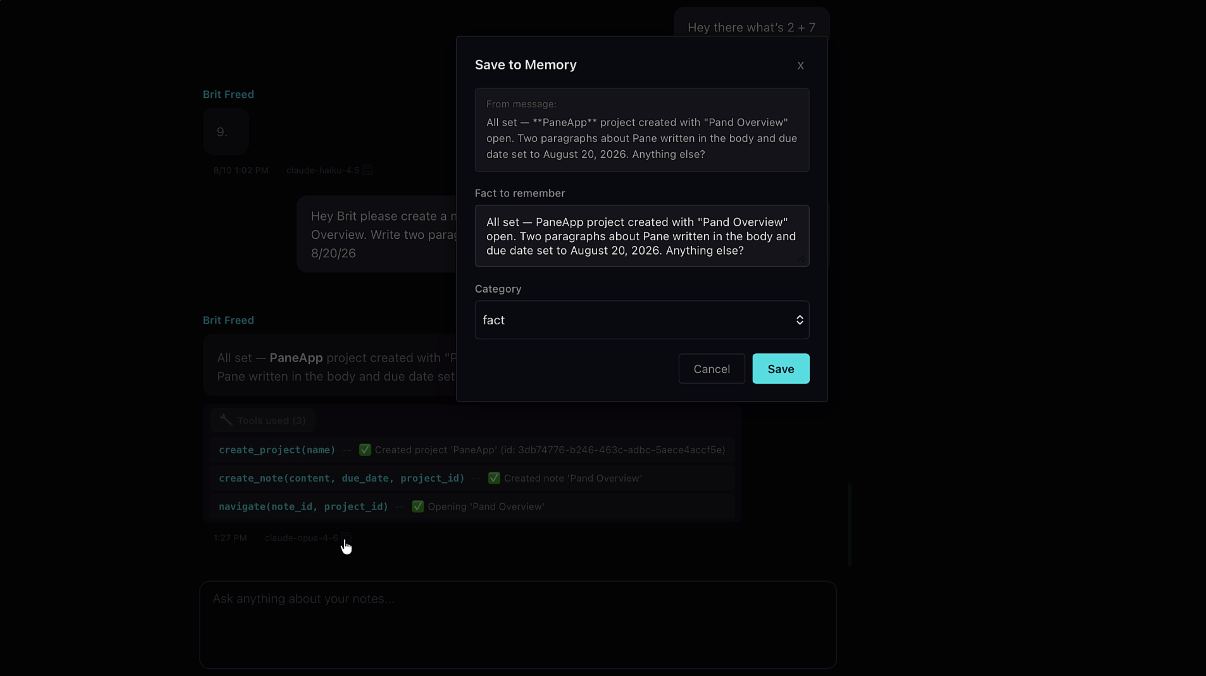 Save to Memory dialog with fact text and category selection