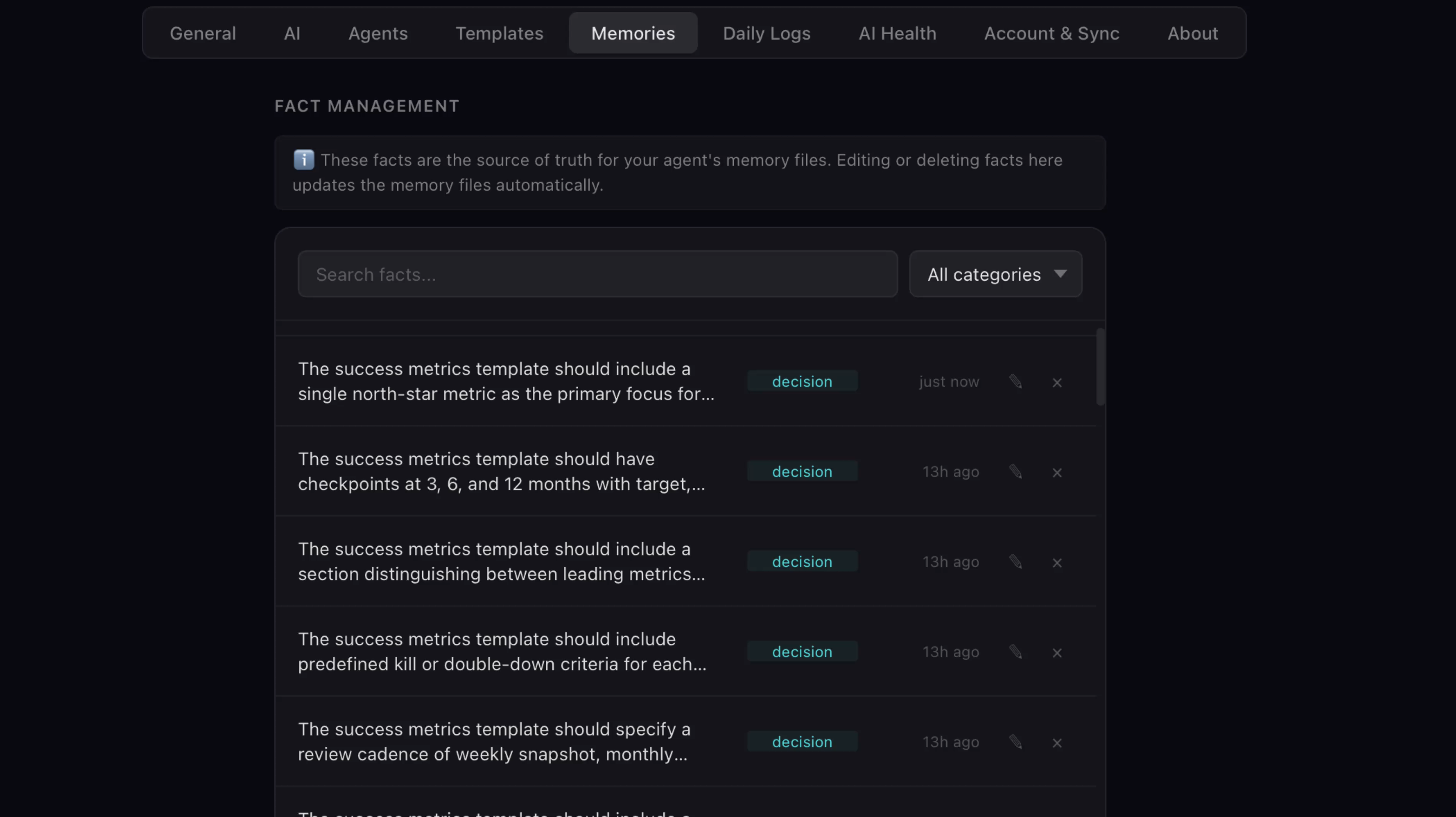 Memories tab showing Fact Management with searchable list of extracted facts