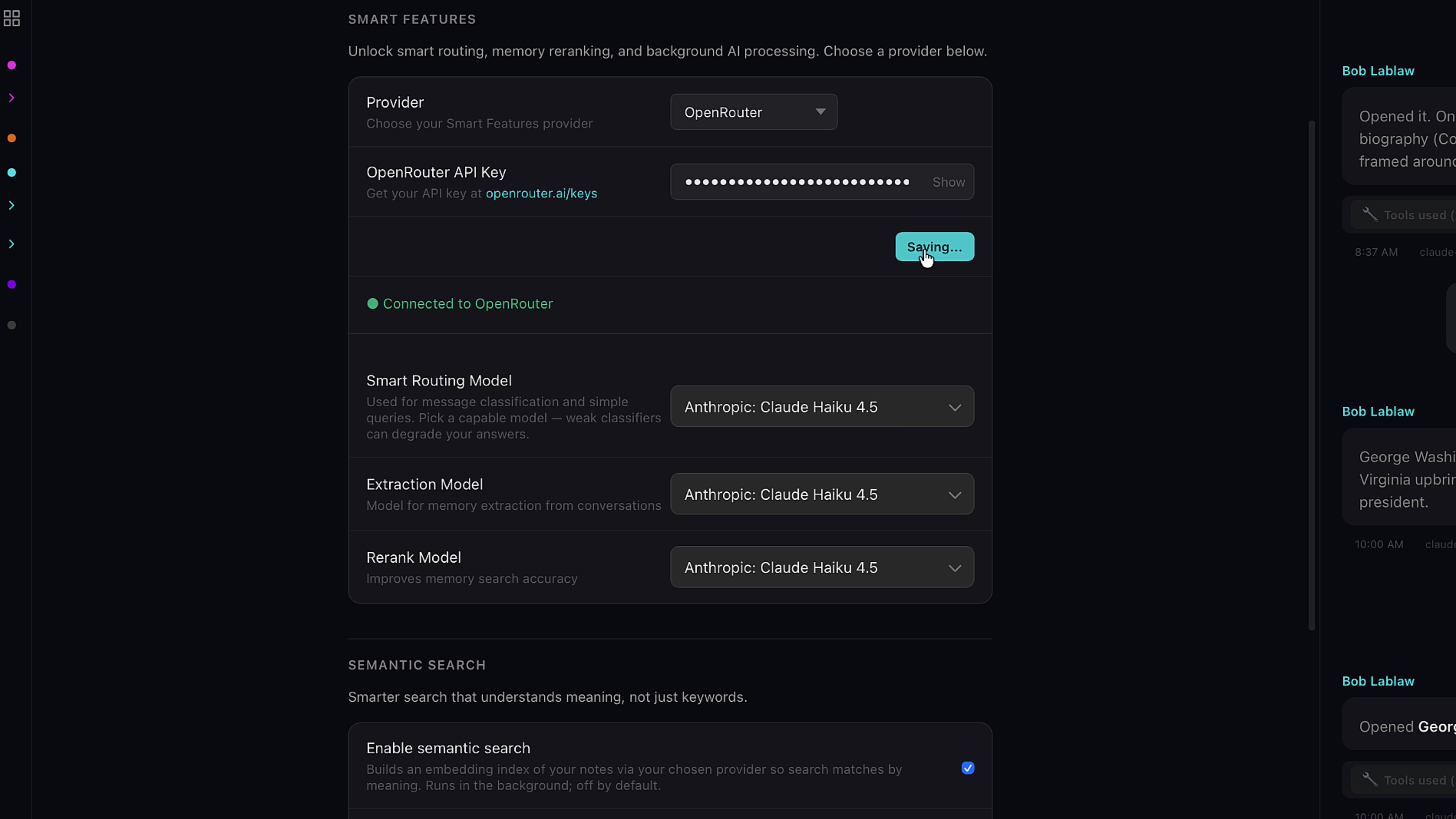 Smart Features settings with extraction model set to Claude Haiku 4.5