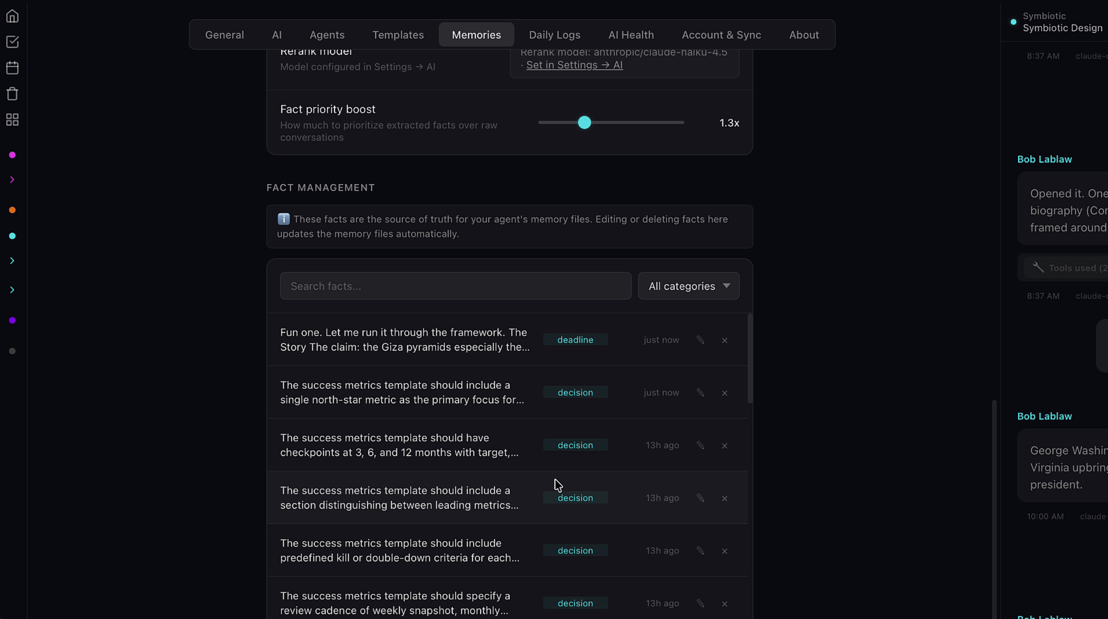 Memories tab showing fact priority boost slider and full fact management list