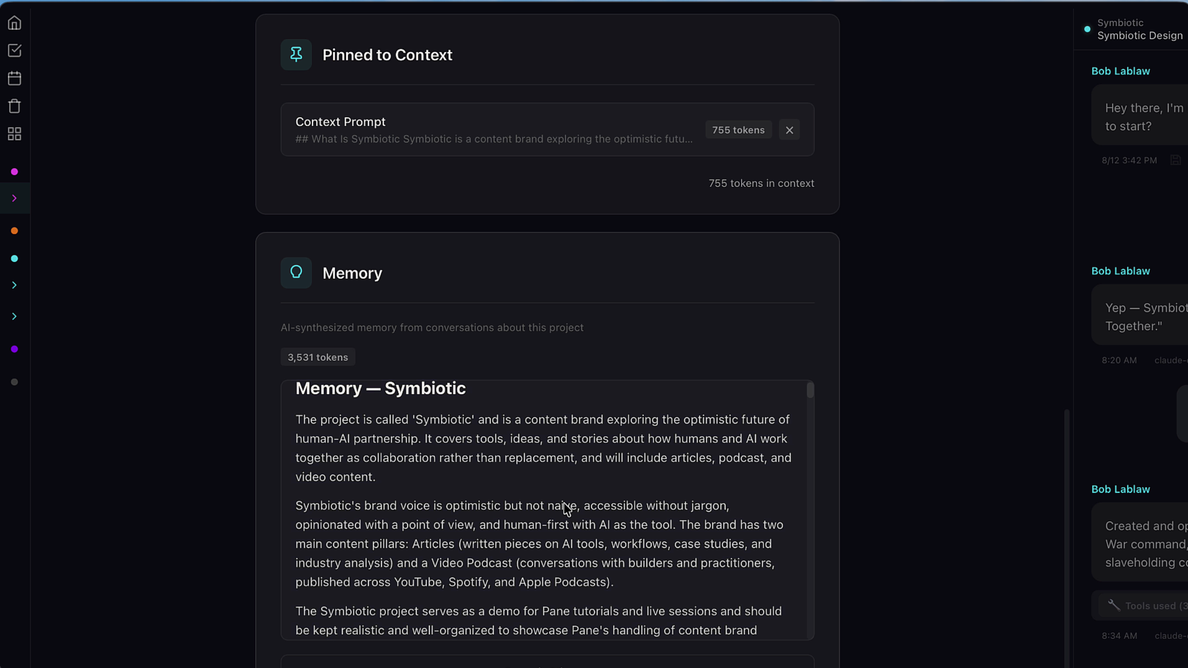 Daily Logs tab showing dated entries with saved facts, preferences, and decisions