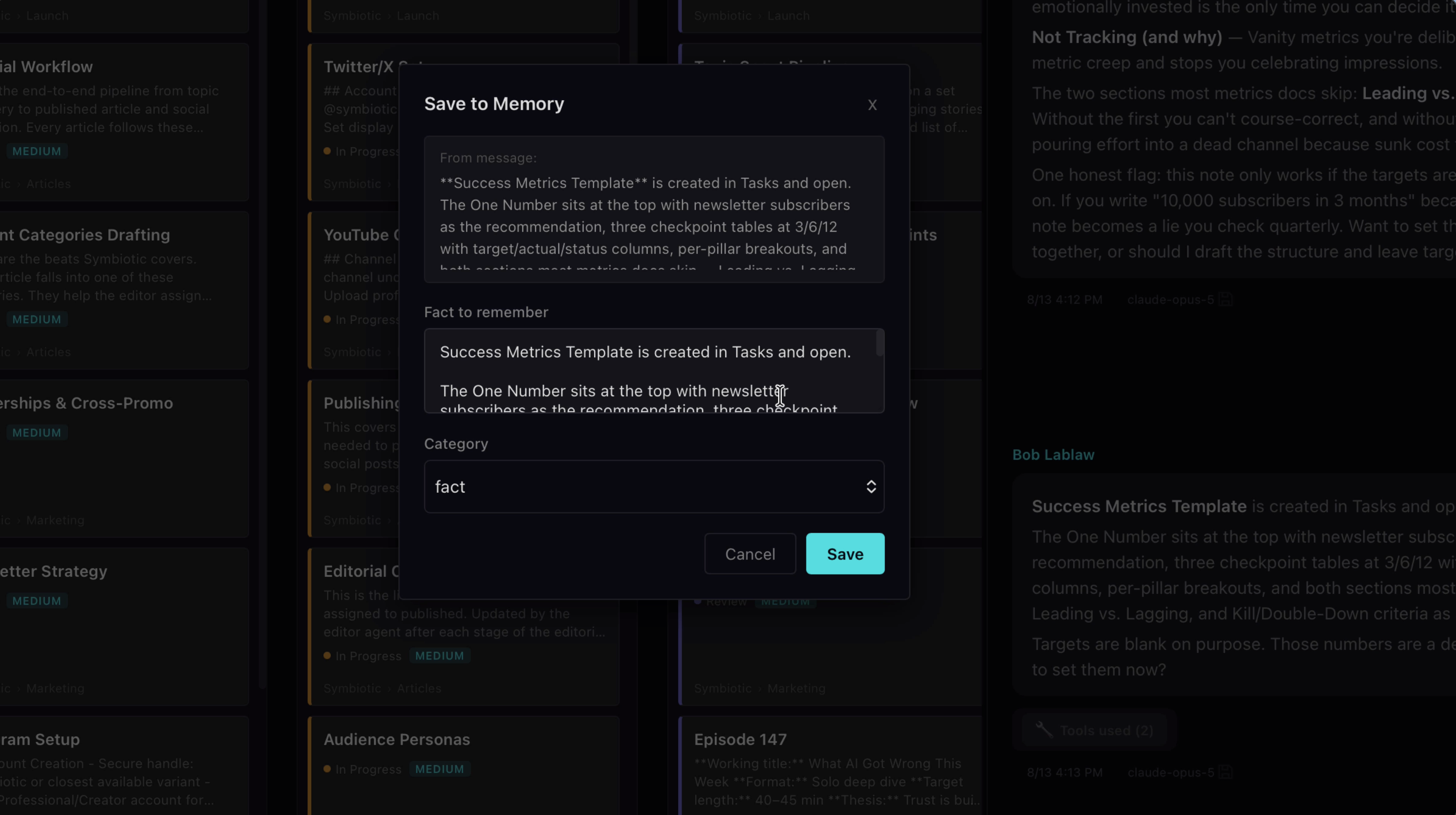 Save to Memory dialog with editable fact text and category picker
