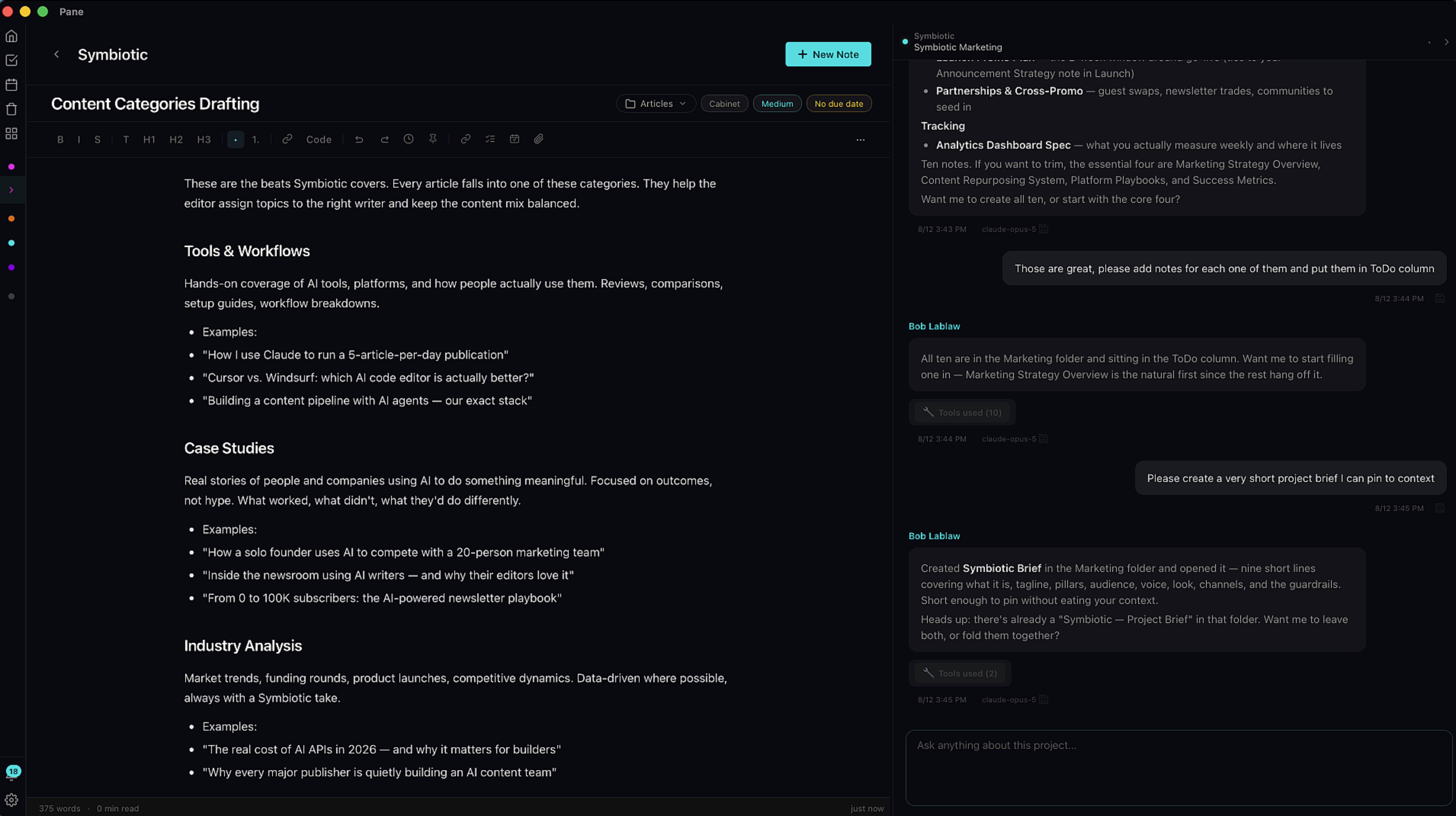 A note open in Pane with rich markdown content and chat sidebar