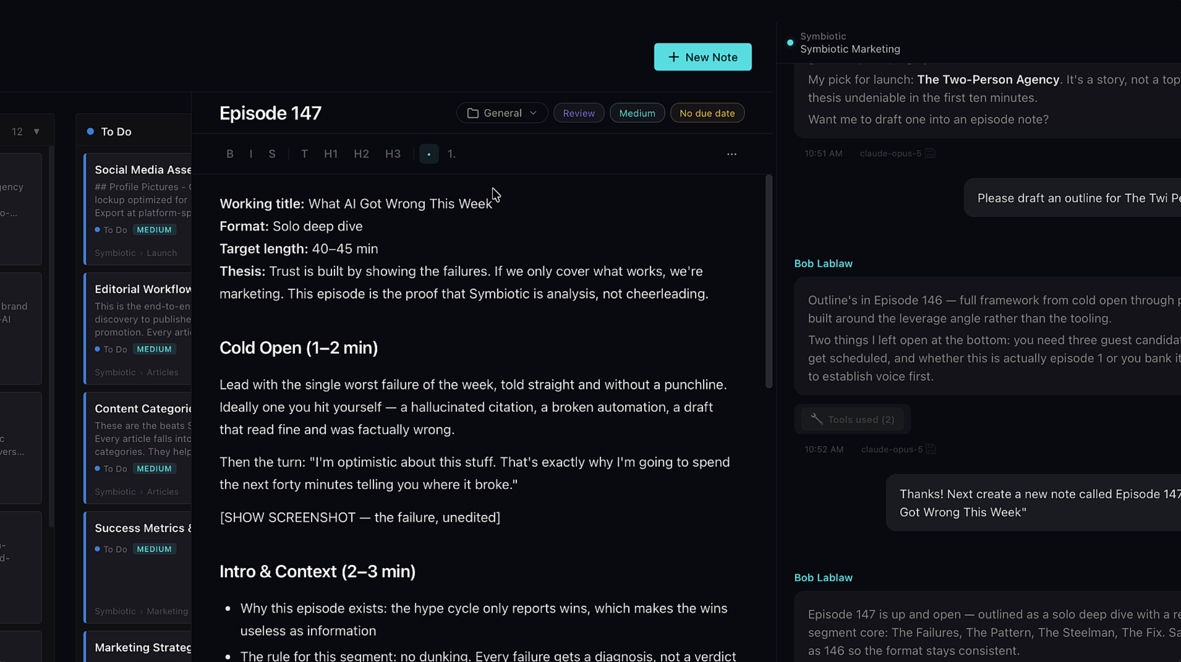 A note with rich markdown content including headers, bold text, and structured sections