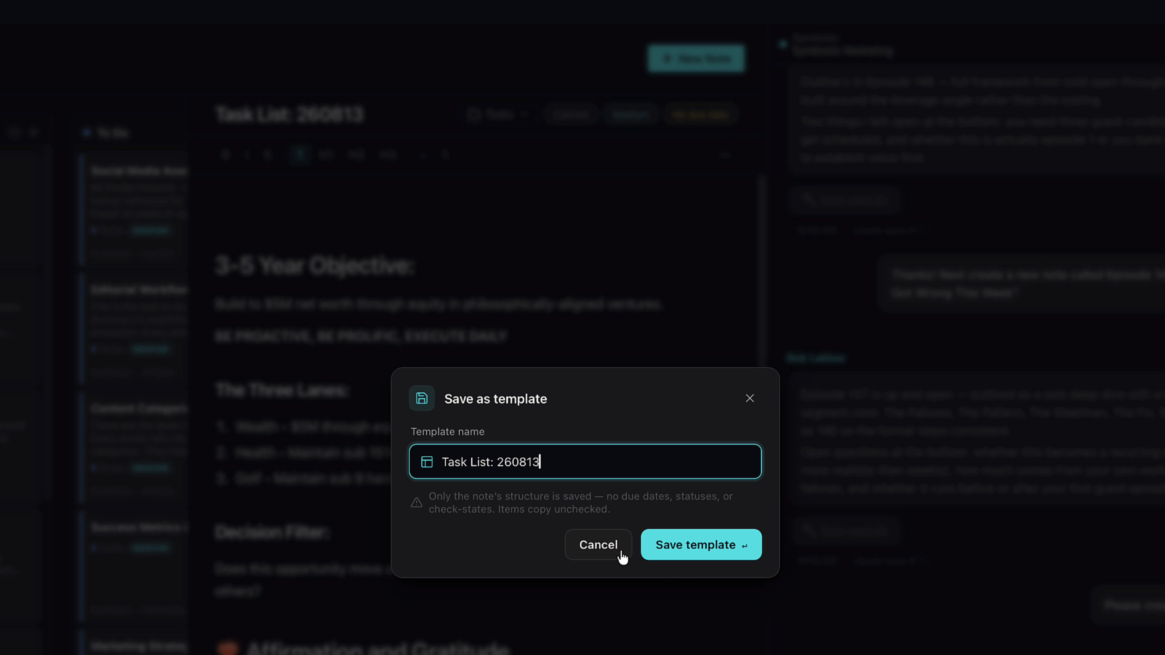Save as Template dialog with a template name field