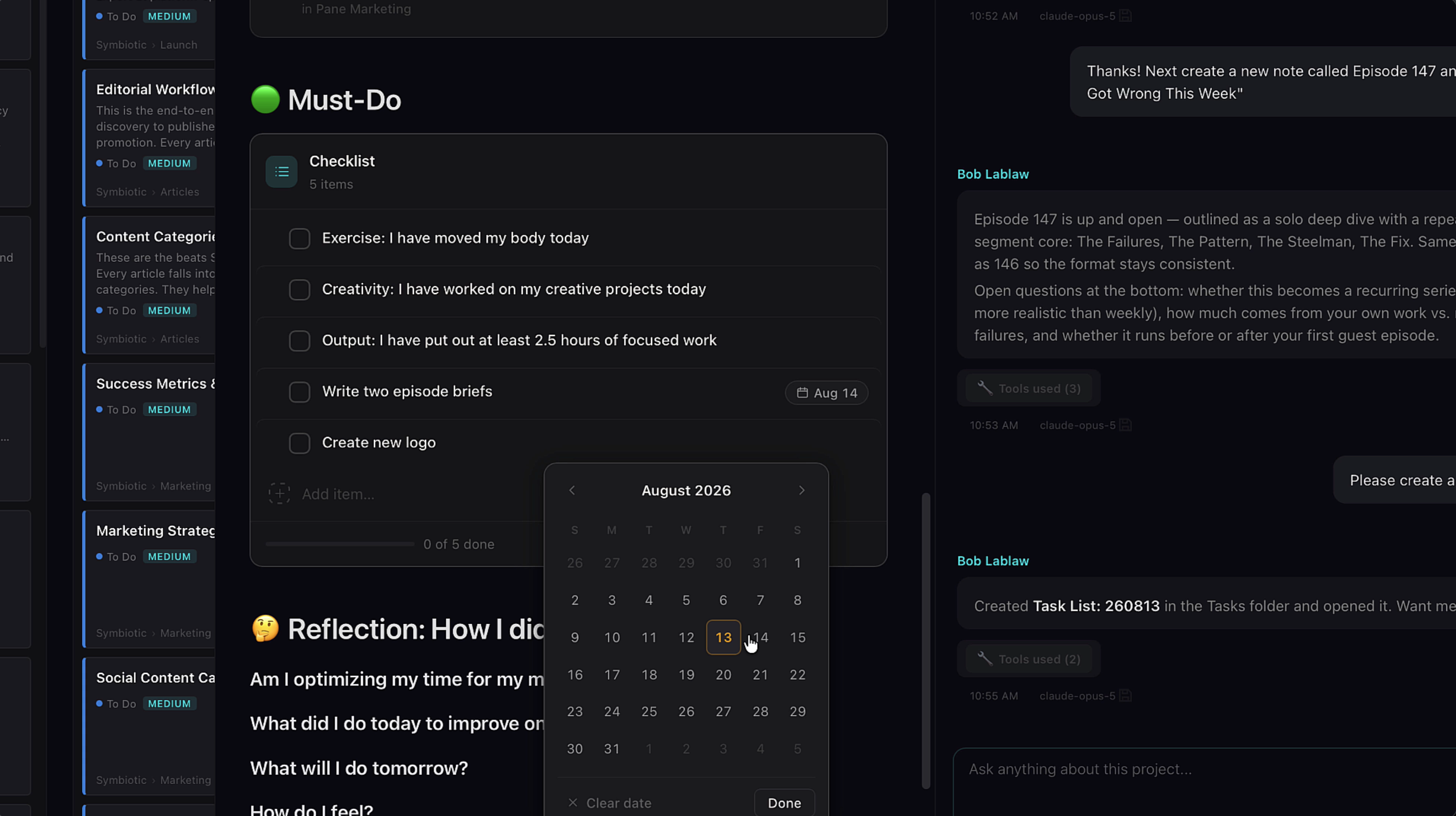 A checklist with subtask due dates and a calendar date picker