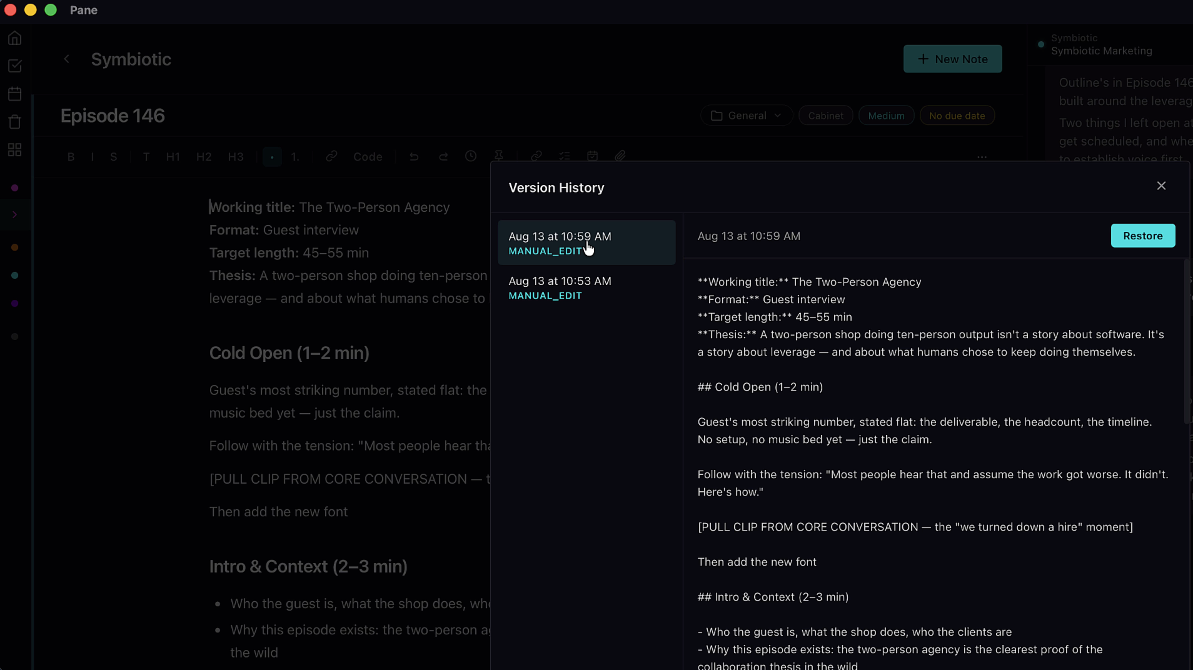 Version History panel showing previous versions with a Restore button