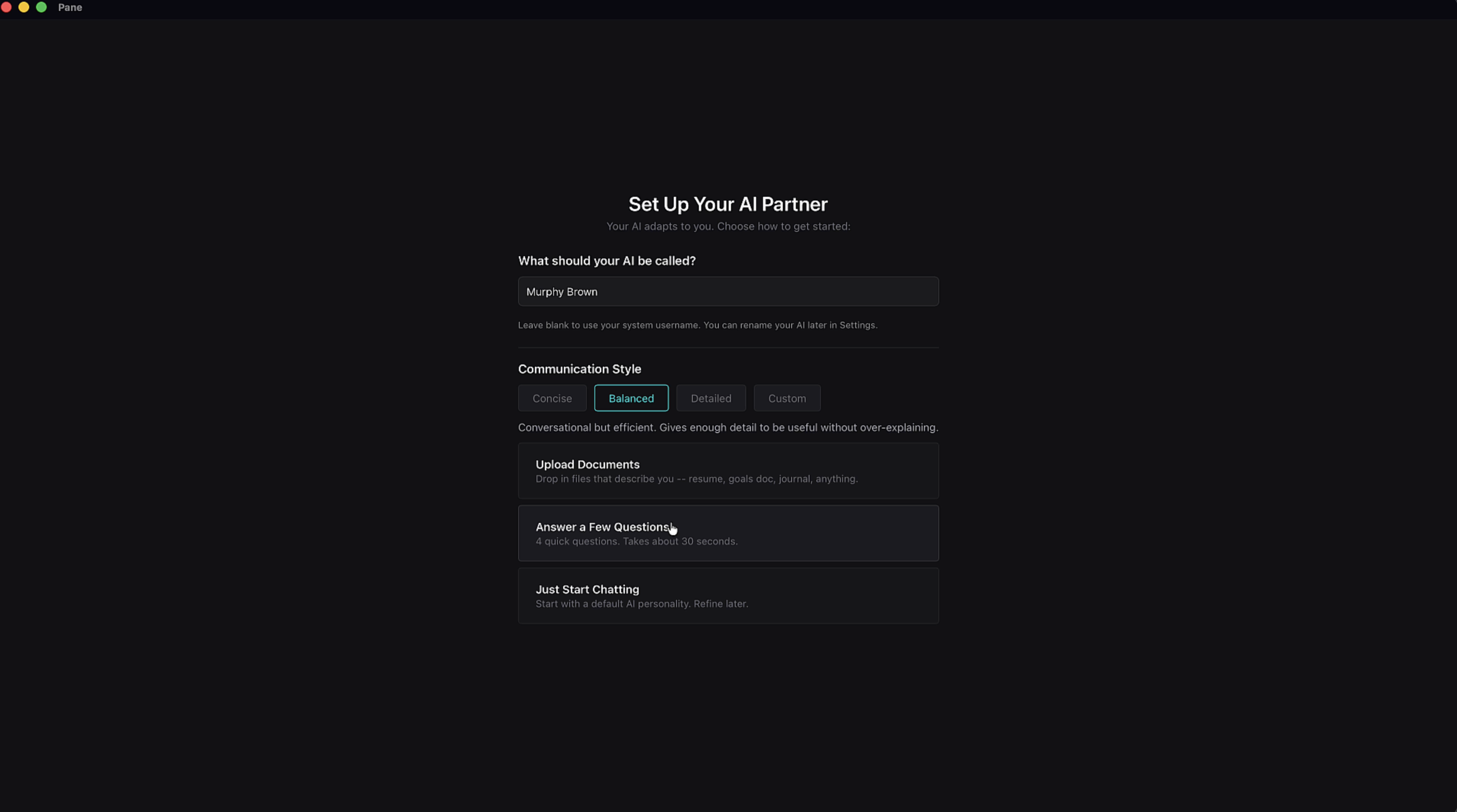 Name, communication style, and seed options screen
