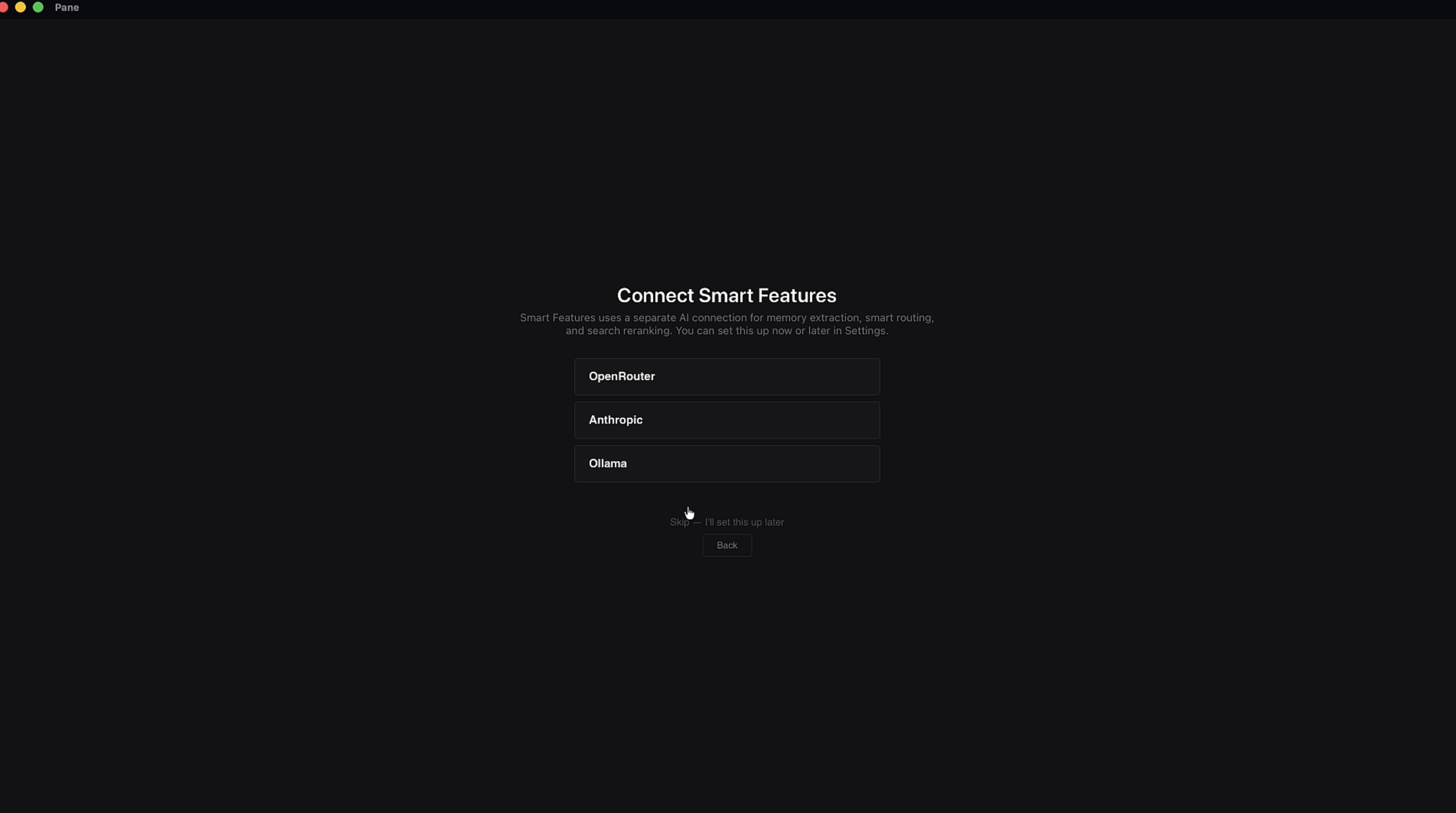 Smart Features provider selection screen