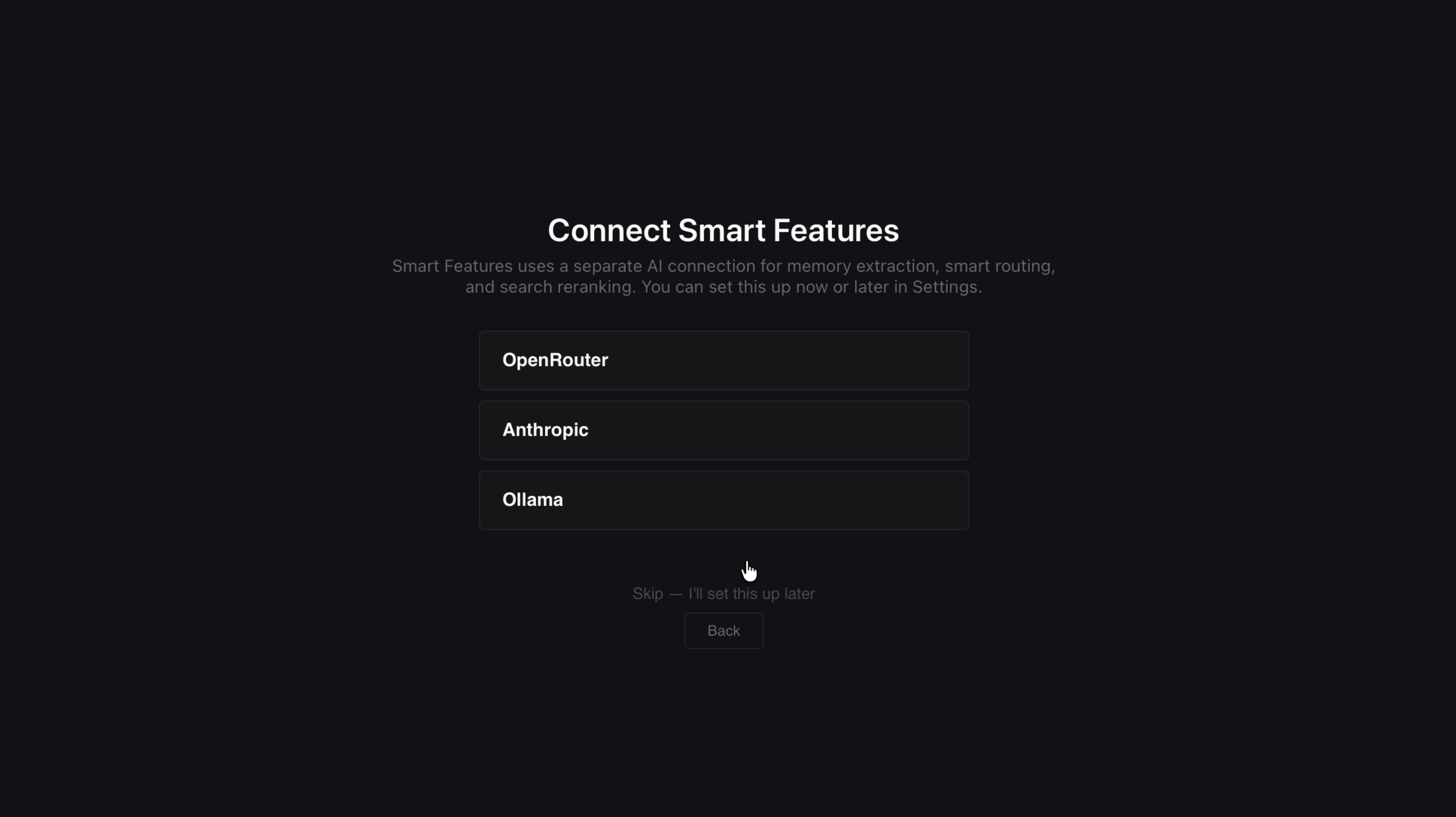 Smart Features toggle screen