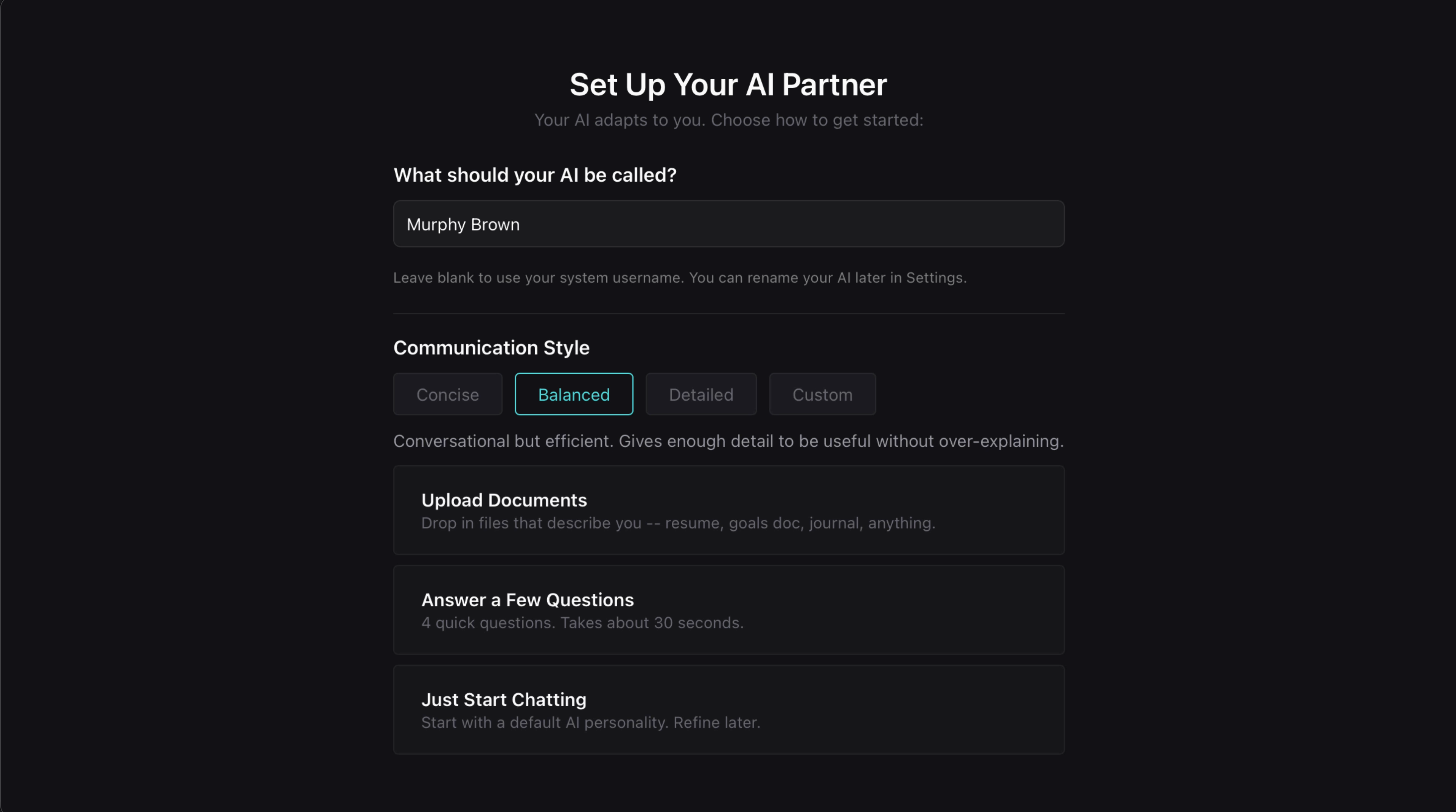 Name, communication style, and seed options screen