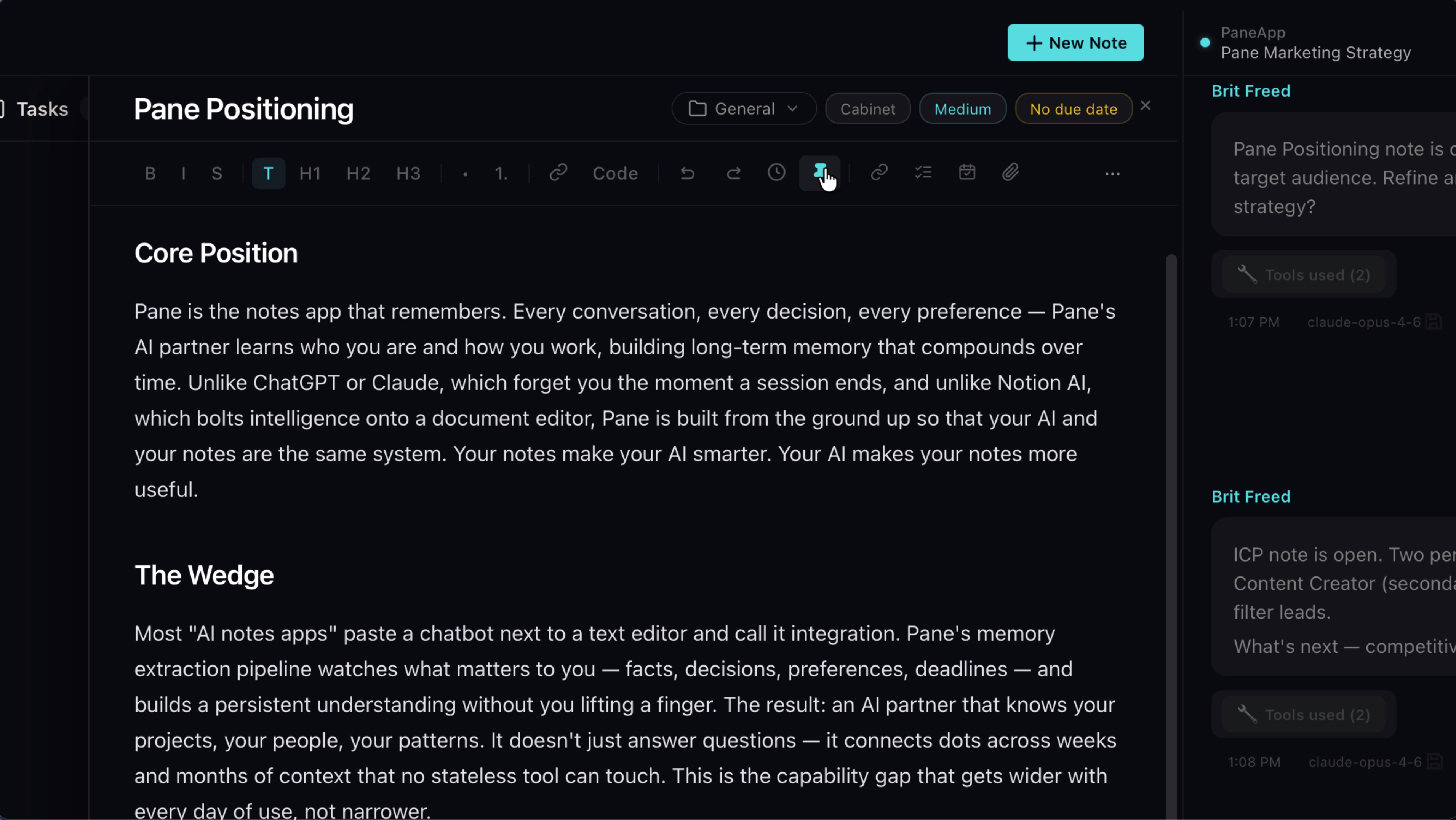 Pinned to Context section showing Pane Positioning, Ideal Customer Profile, and Distribution Channels with 1,977 total tokens