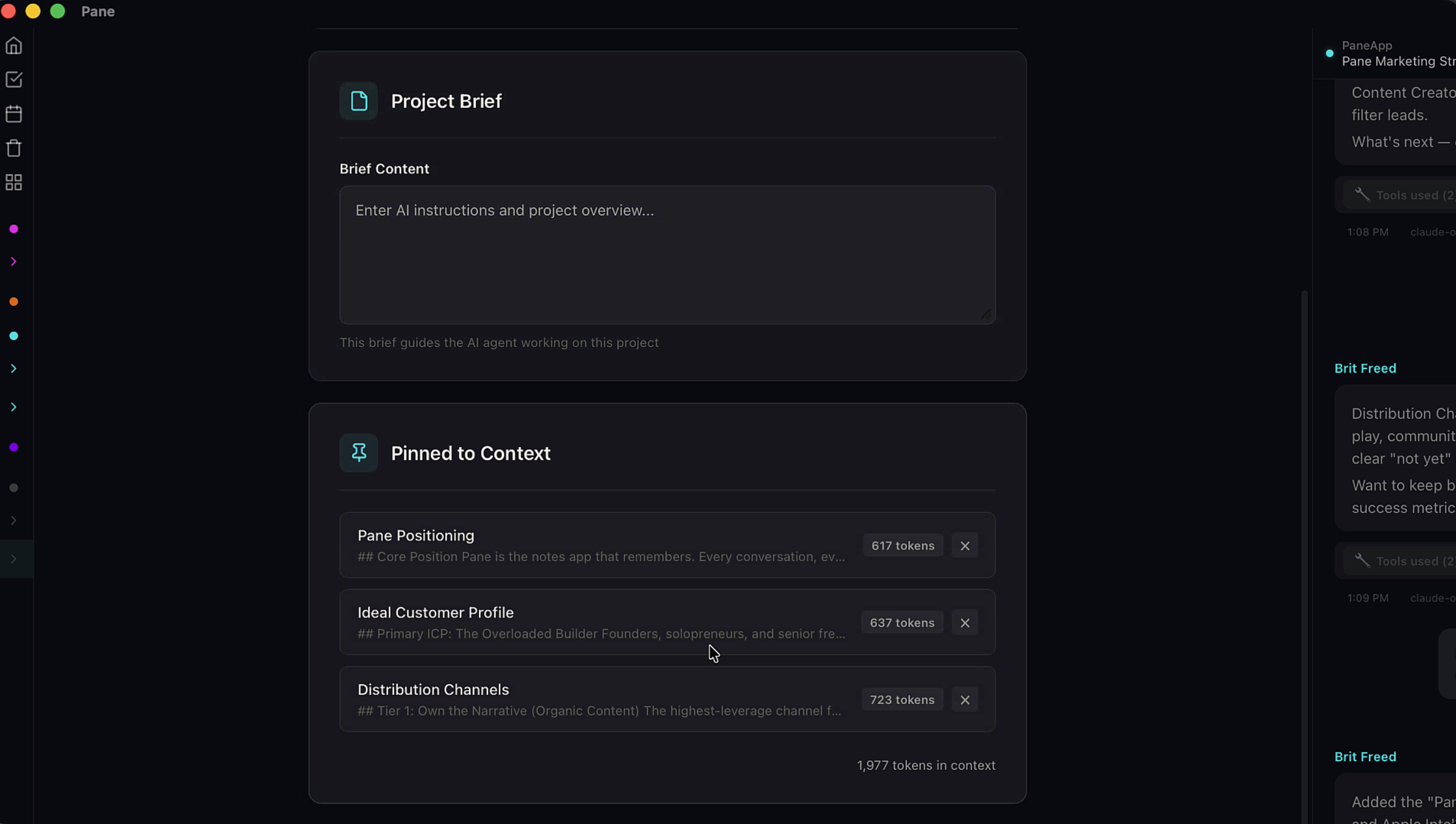 Project settings showing Project Brief and Pinned to Context section with three pinned notes and token counts