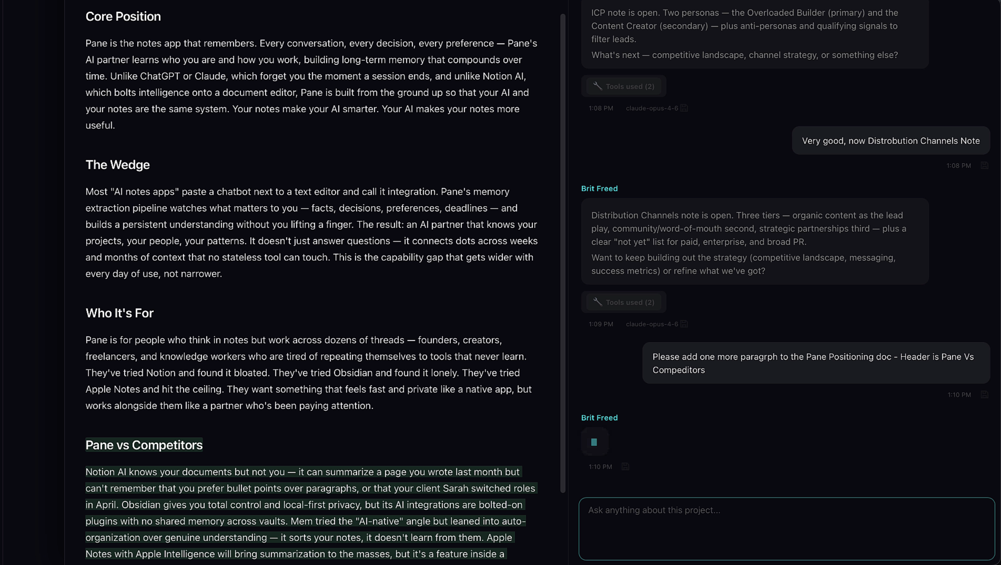 Pinned note open in the editor showing editable content with Core Position, The Wedge, and Pane vs Competitors sections
