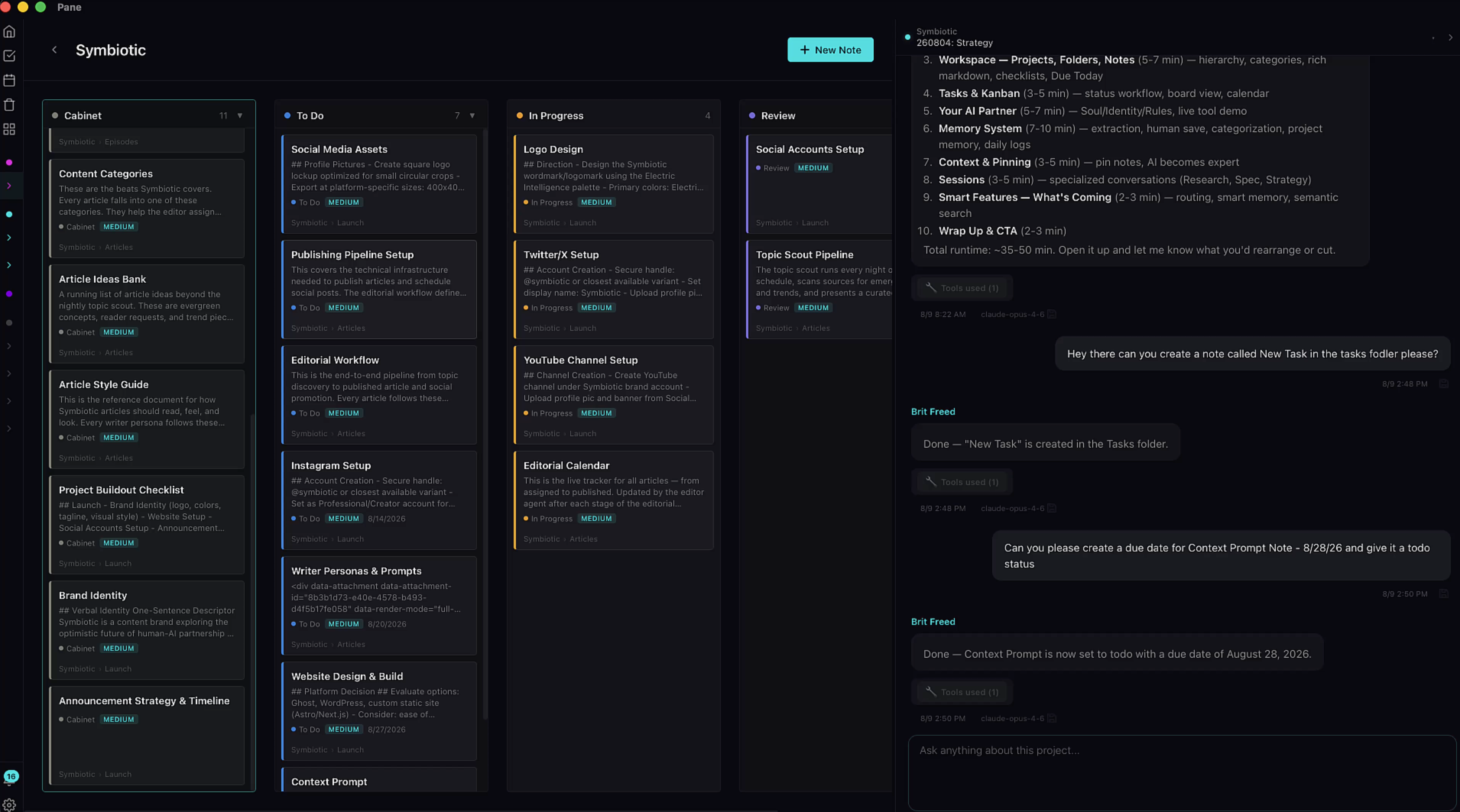 Pane project showing the Kanban board with chat