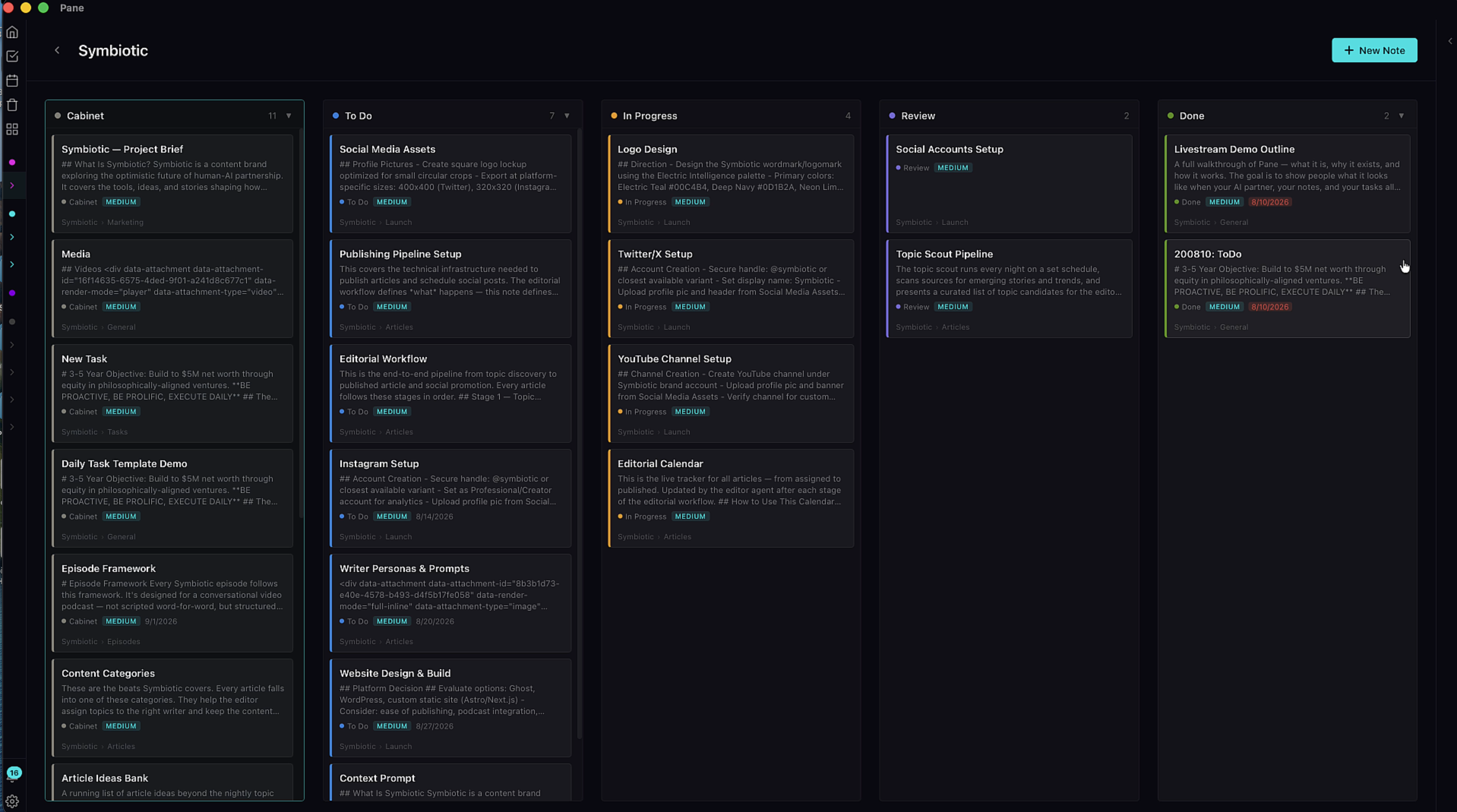 Kanban view with five columns including the Cabinet
