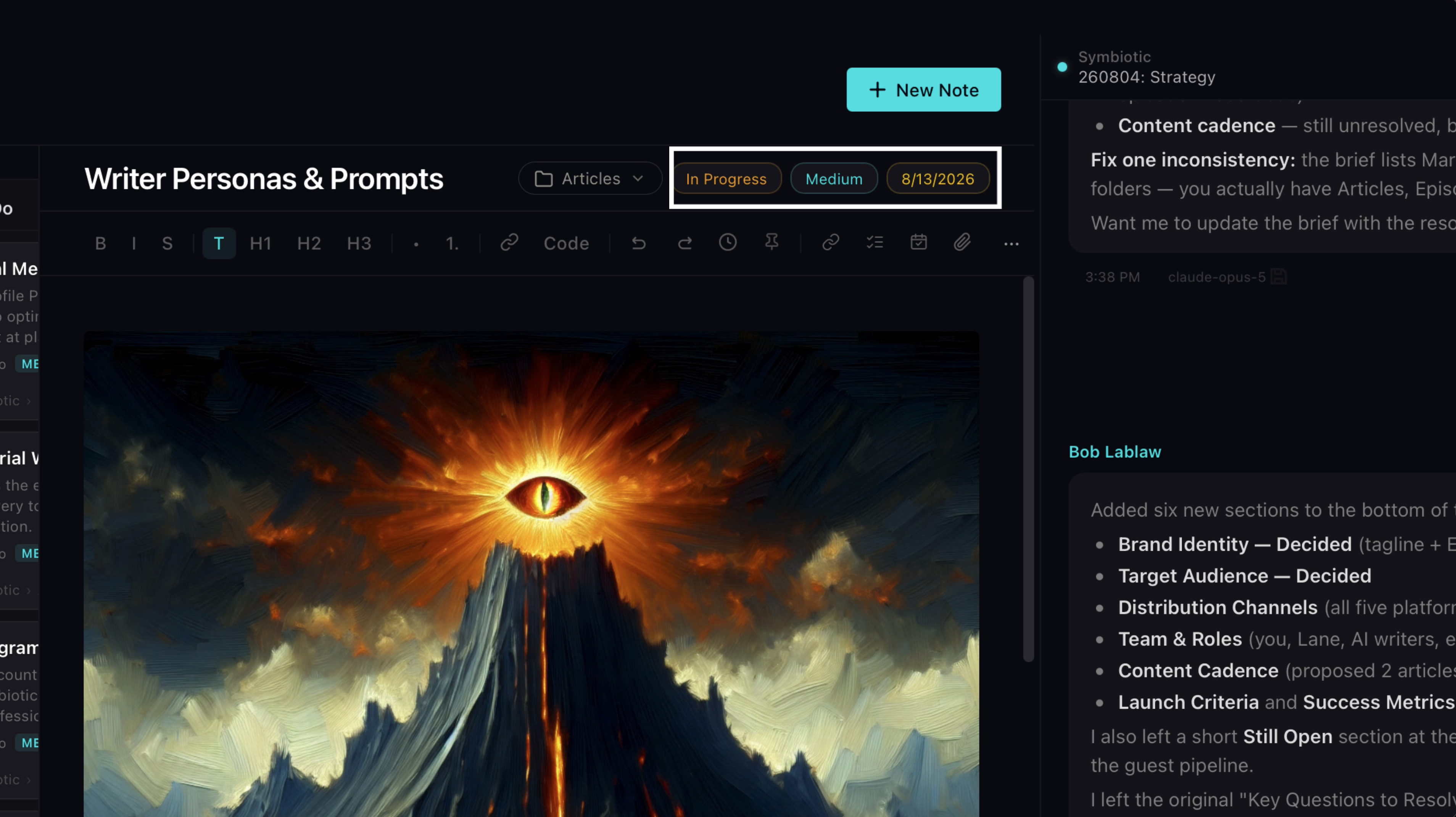 Note editor with status, priority, and due date pills