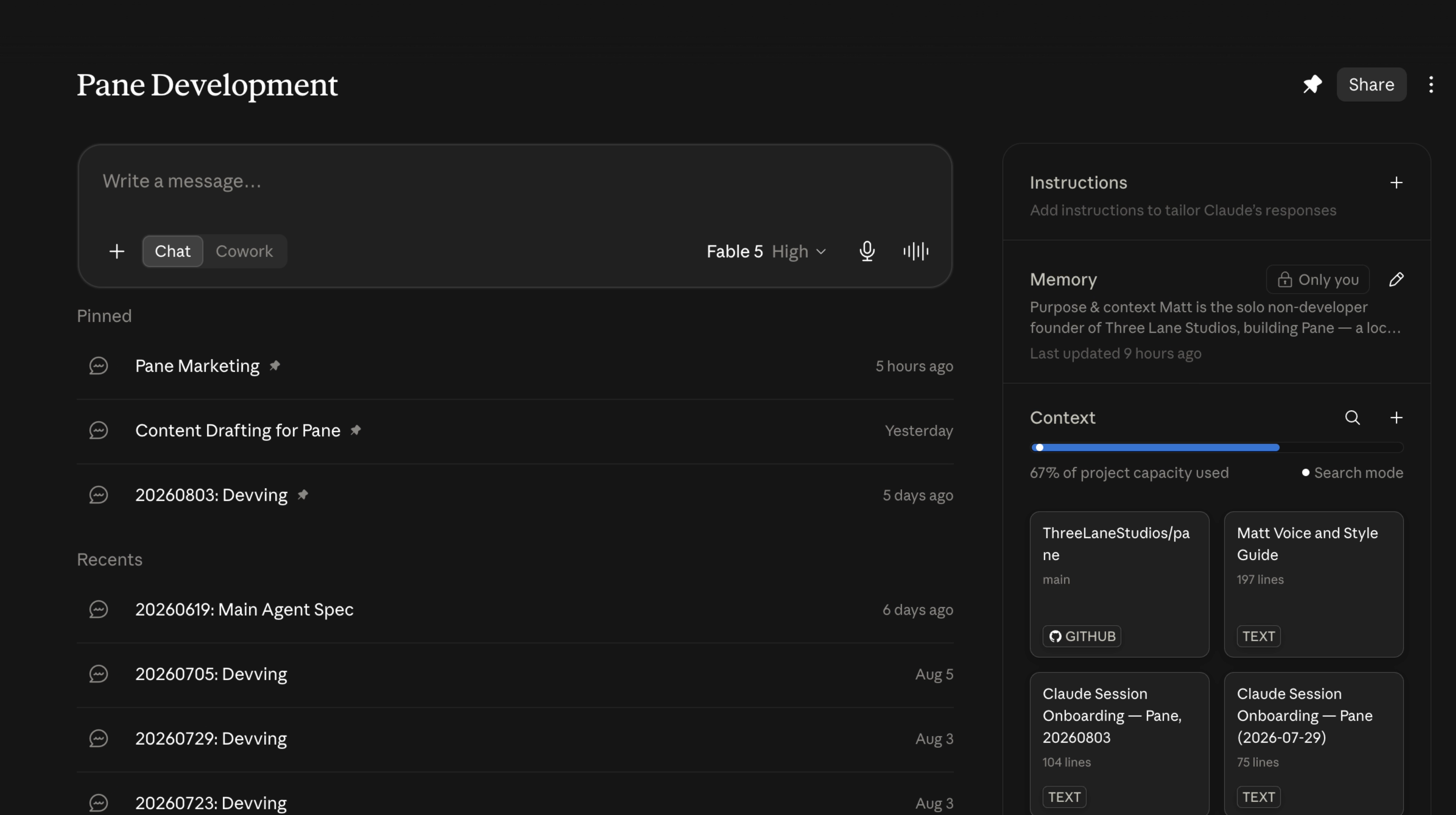 Claude Projects showing frozen docs and context panel