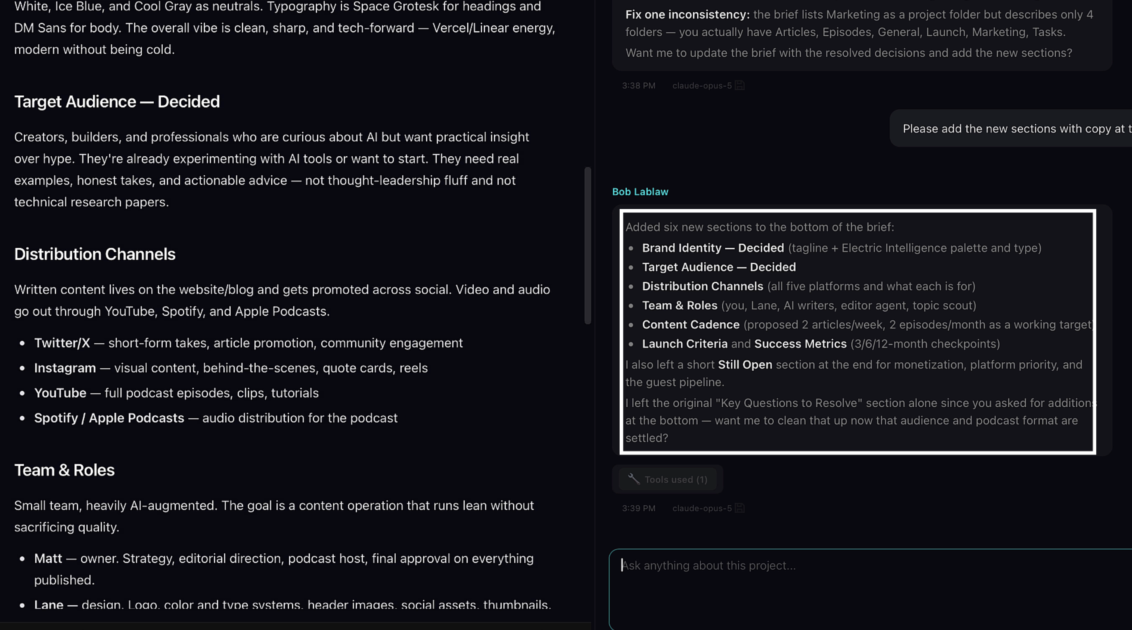 Editable living documents in a Pane project