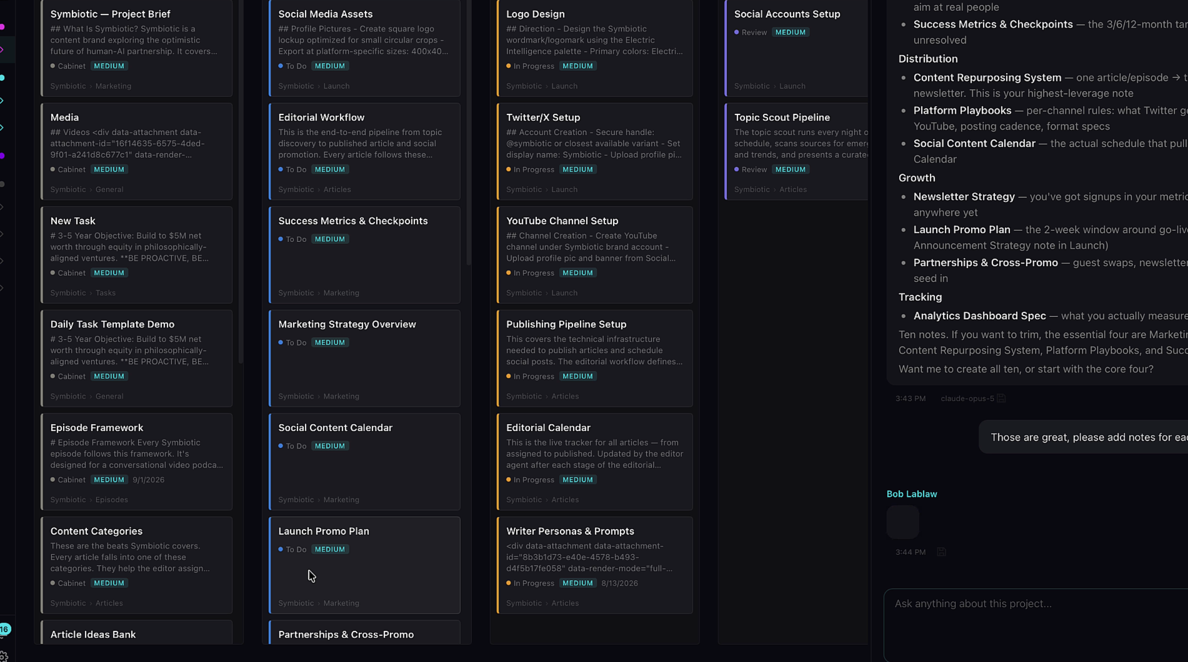A mature project board full of notes and tasks