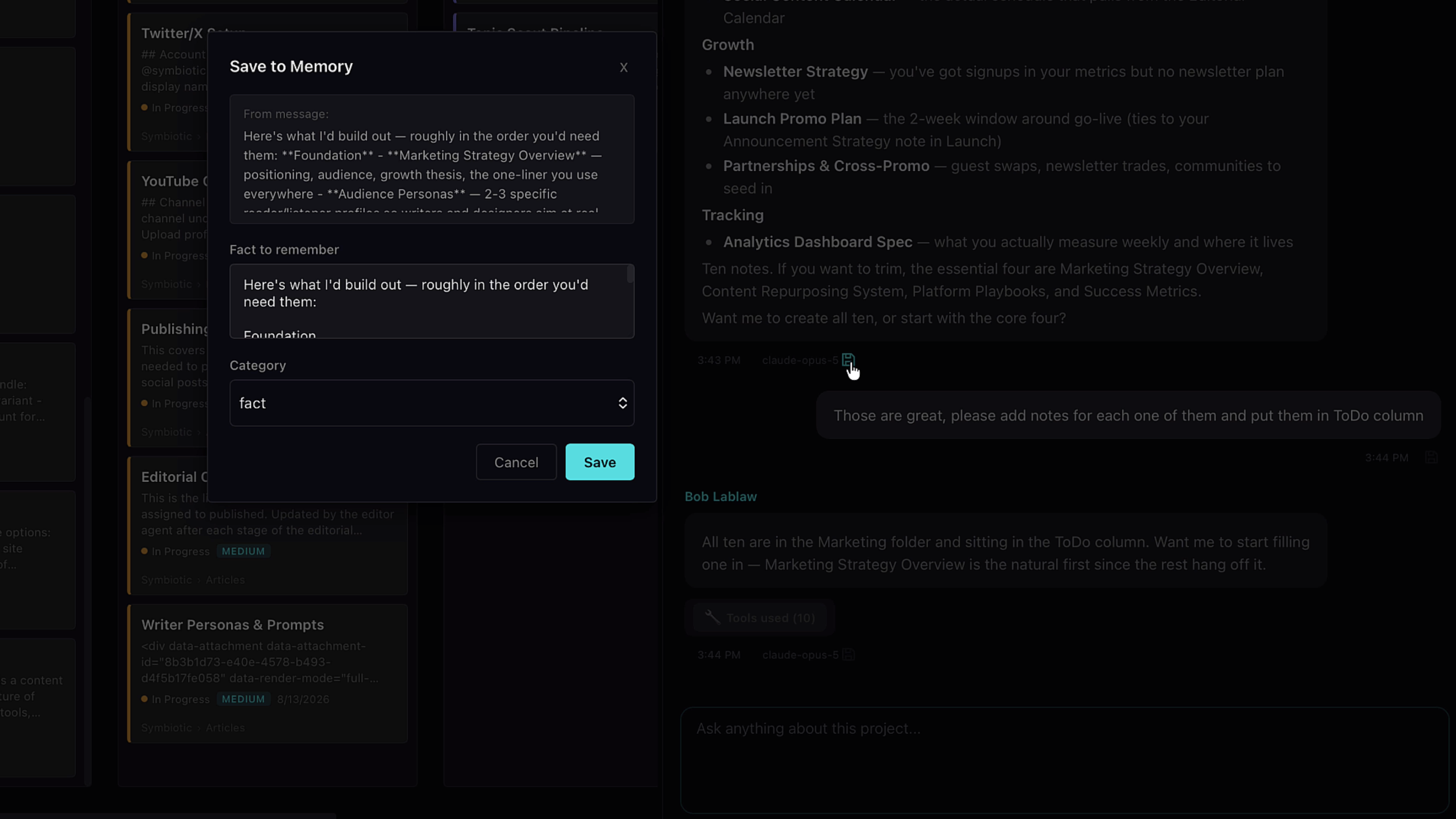 Save to Memory dialog with editable fact field