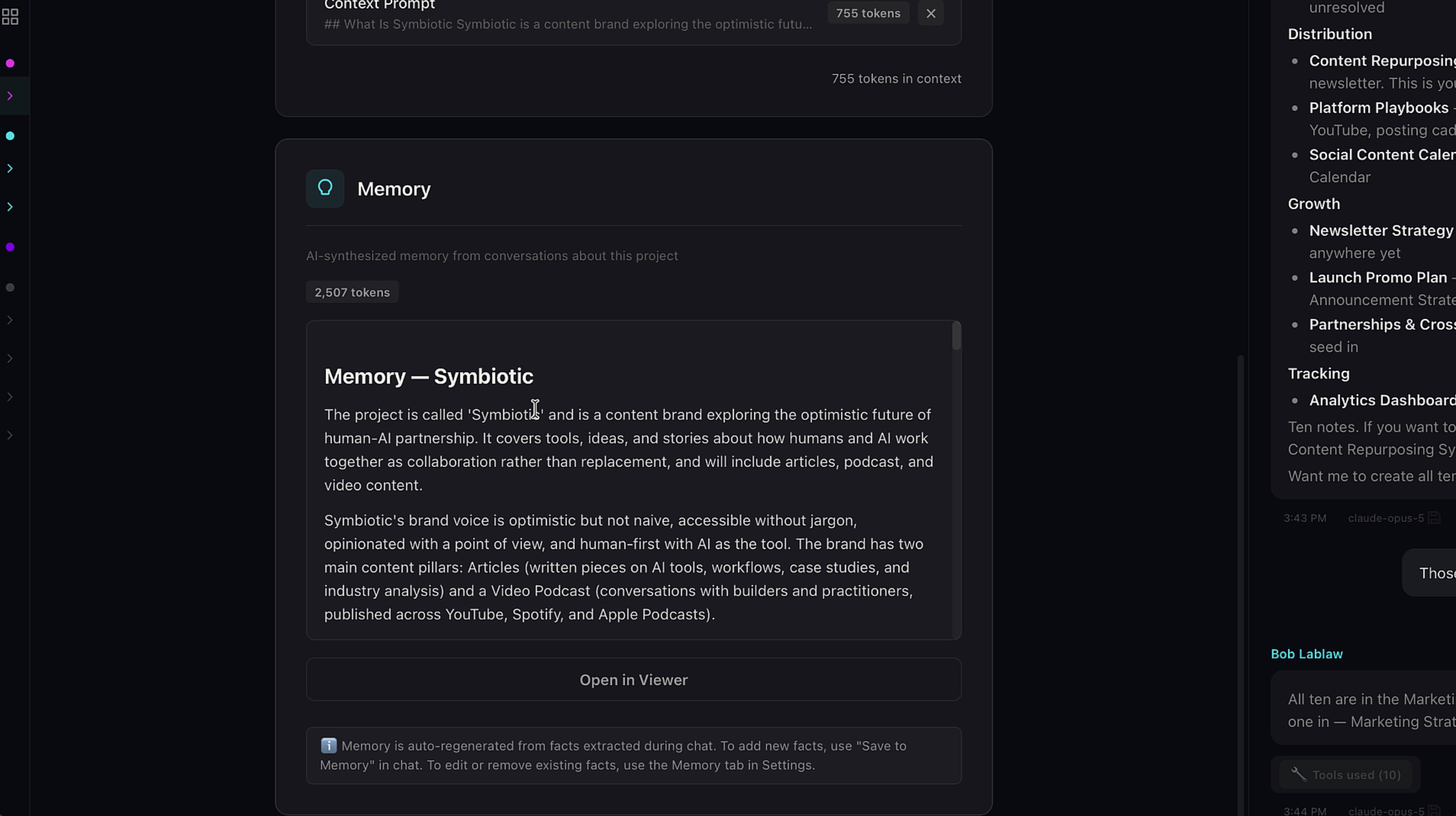 Project Memory panel in project settings